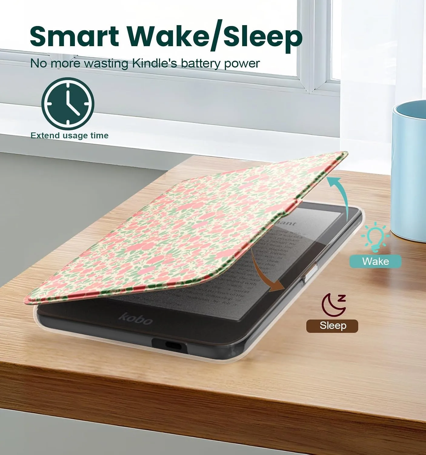 E NET-CASE Detachable Magnetic Case for 6" Kobo Clara Colour (2024) /Clara BW (2024) /2E (2022) eReader, Ultra Clear Back Scratch-Proof Light丨Easy to Detach & Attach丨Auto Sleep/Wake (Orange Flower)