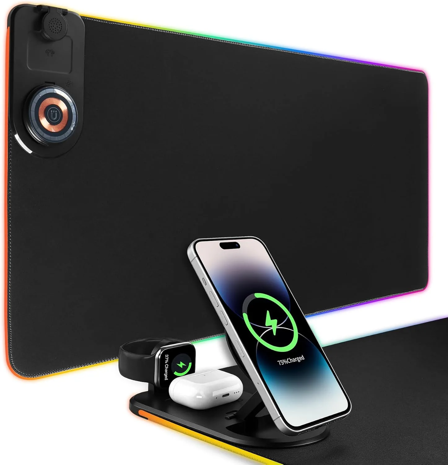 VOVIPO RGB LED Gaming Mouse Pad with Magnetic Wireless Charging&Foldable Phone Holder,15 Light Modes,15W Fast Charge,Waterproof Keyboard Pad,80*40*0.4CM XXL Ultra-Smooth Desk Mat for MacBook,PC,Laptop