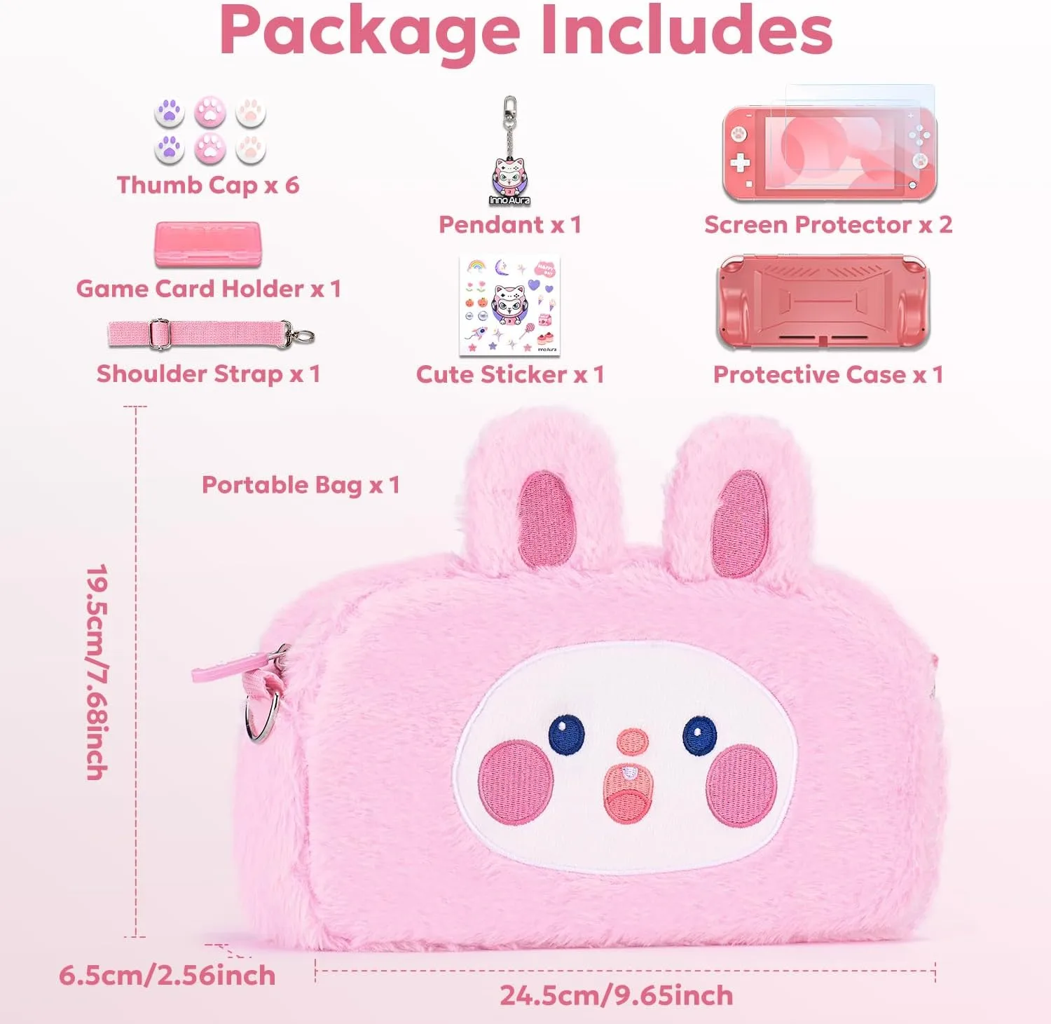 innoAura Switch Lite Case 14-in-1 Accessories Bundle for NS Switch Lite (2019), with Protective Carrying Case, Game Holder, Screen Protector & Cute Thumb Grips, Pink Rabbit Plush Bag
