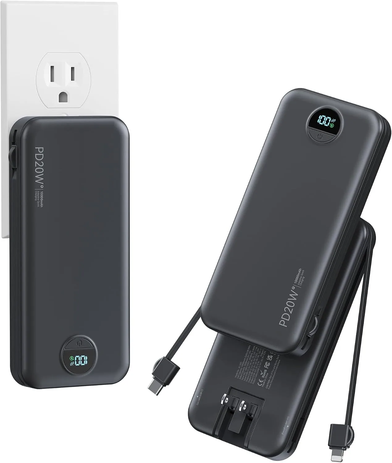 Portable Charger Power Bank 10000mAh with Built in Cables & Wall Plug