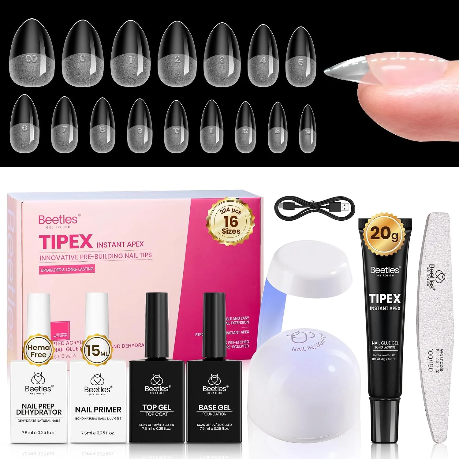 Beetles Tipex Instant Apex Nail Tips Kit, Short Almond, 224pcs 16 Sizes