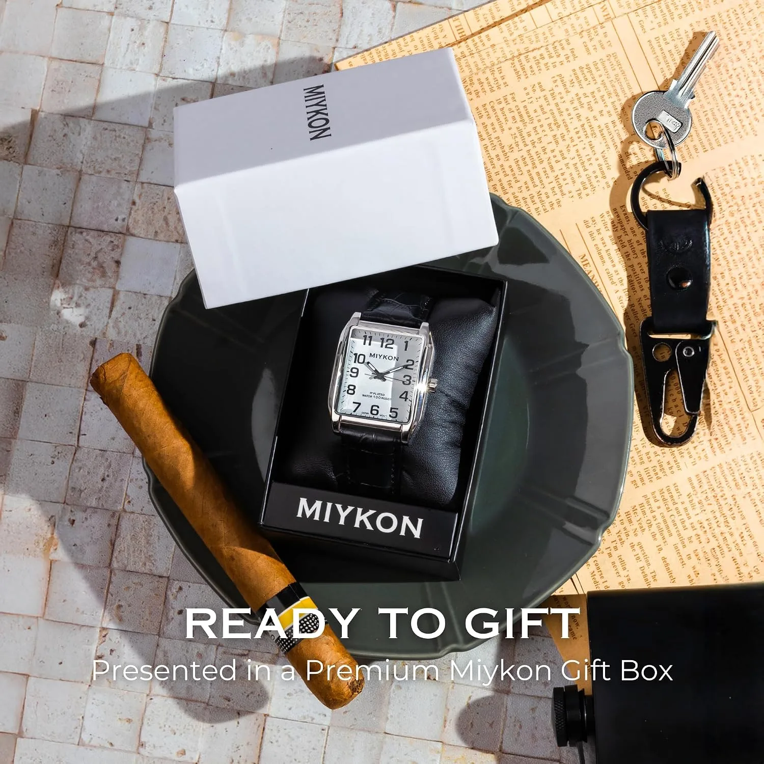 Miykon Men Vintage Tank Dress Watch, Genuine Leather Strap, Water Resistant