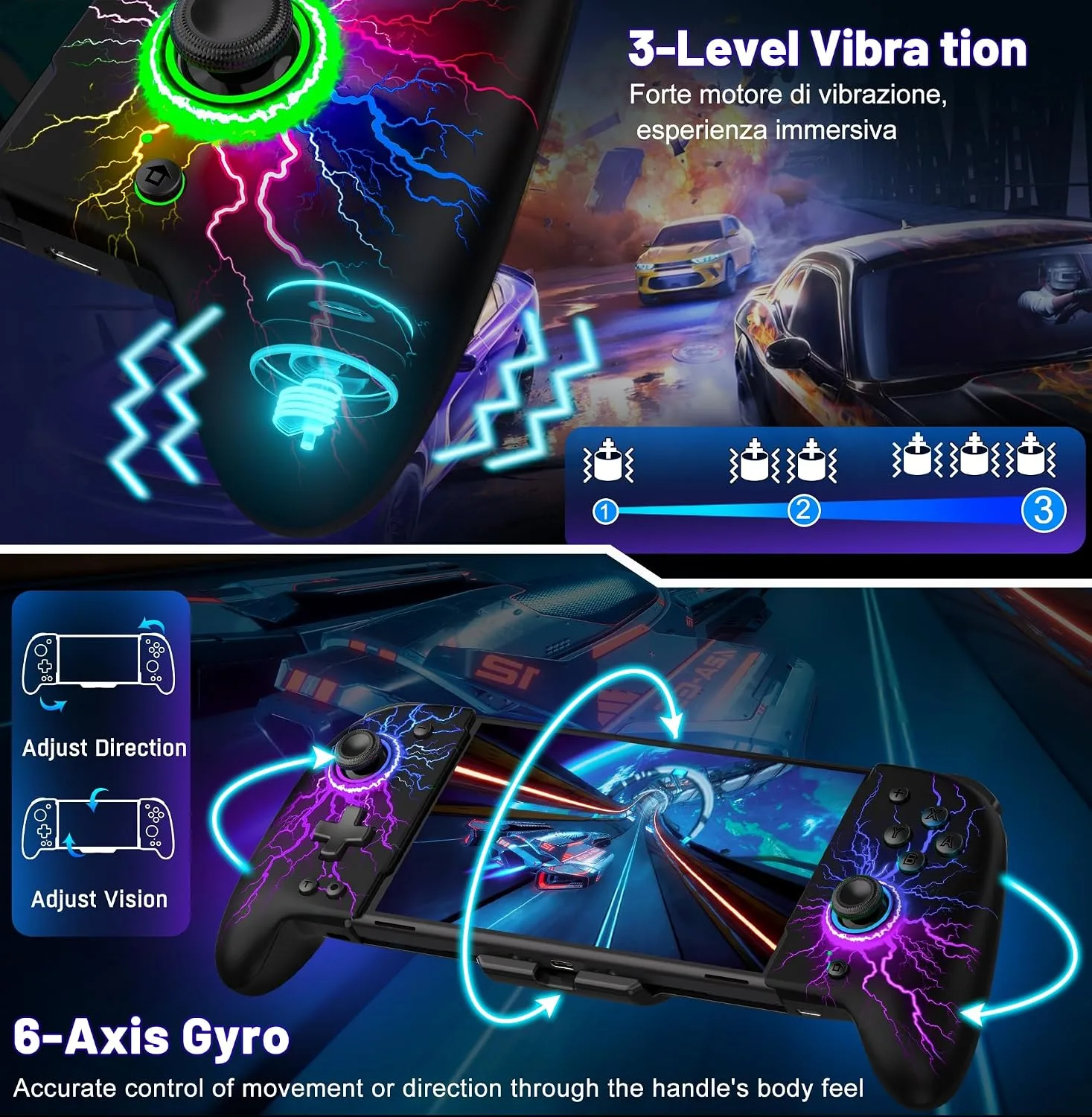 Gammeefy Switch Controller – Hall Effect Joysticks & Enhanced Grip – One Piece Switch Joypad Replacement Switch Pro Controller with 8-Color RGB Lighting, Turbo, Macros - Lightning, 6.2"/7"