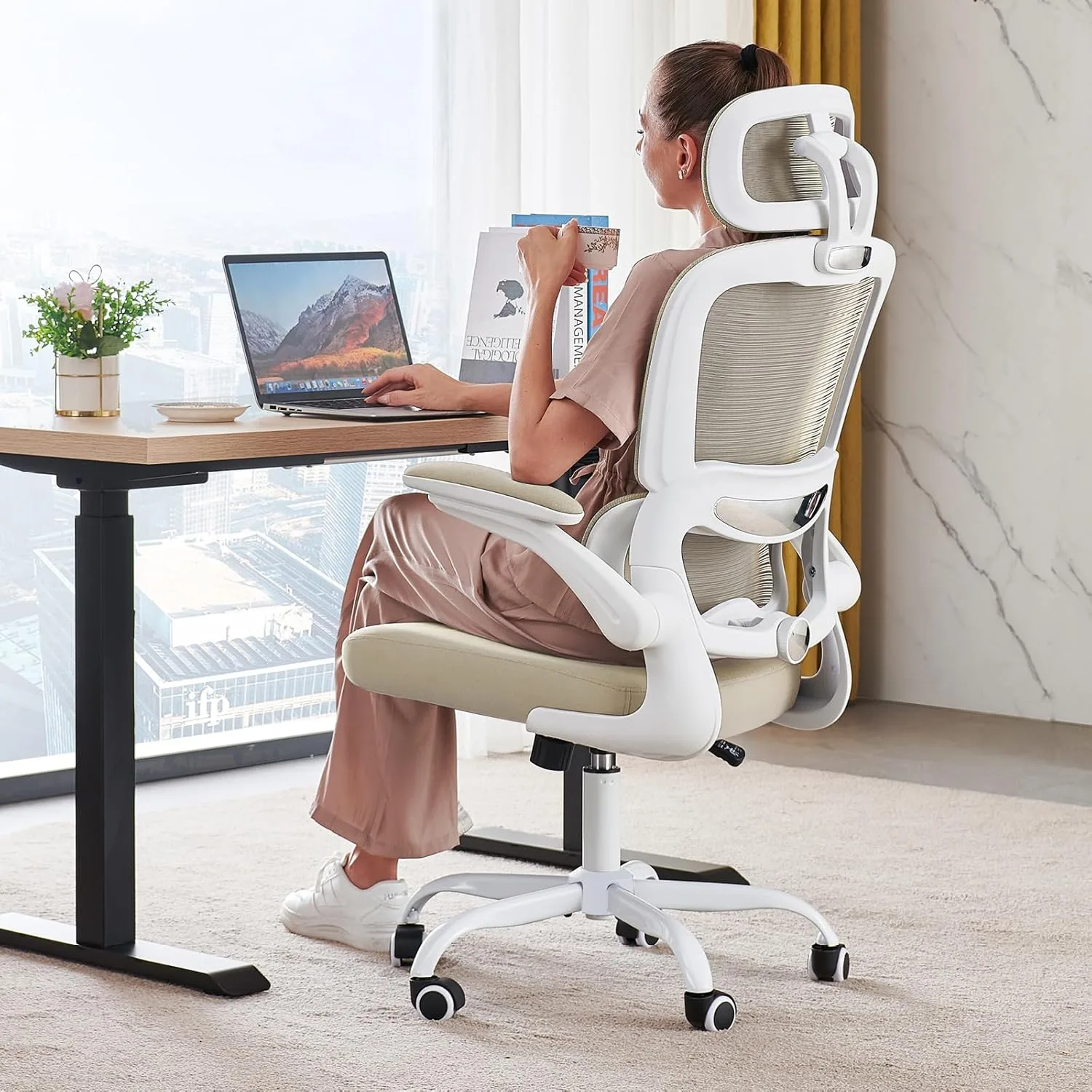 TRALT Office Chair Ergonomic Desk Chair with Lumbar Support Beige, 1