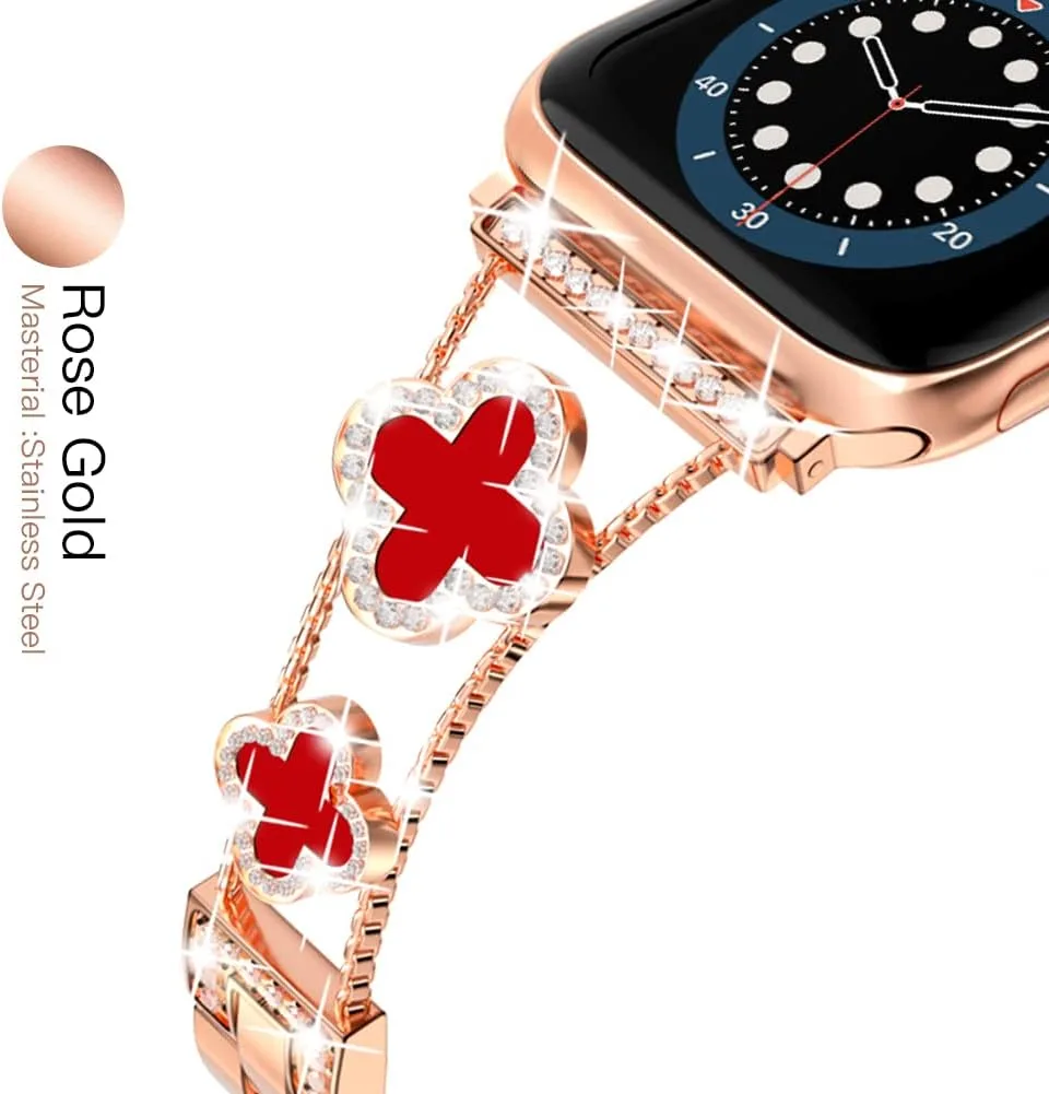 Musk-MSKR Diamond Metal Bands Add Sparkle to Your Watch For Apple Watch Series 12/11/10/9/8/7/6/5/4/3/2/SE/Ultra Clover Simple and Stylish Compatible with 38mm40mm41mm42mm44mm45mm 46mm49mm Women's Wear