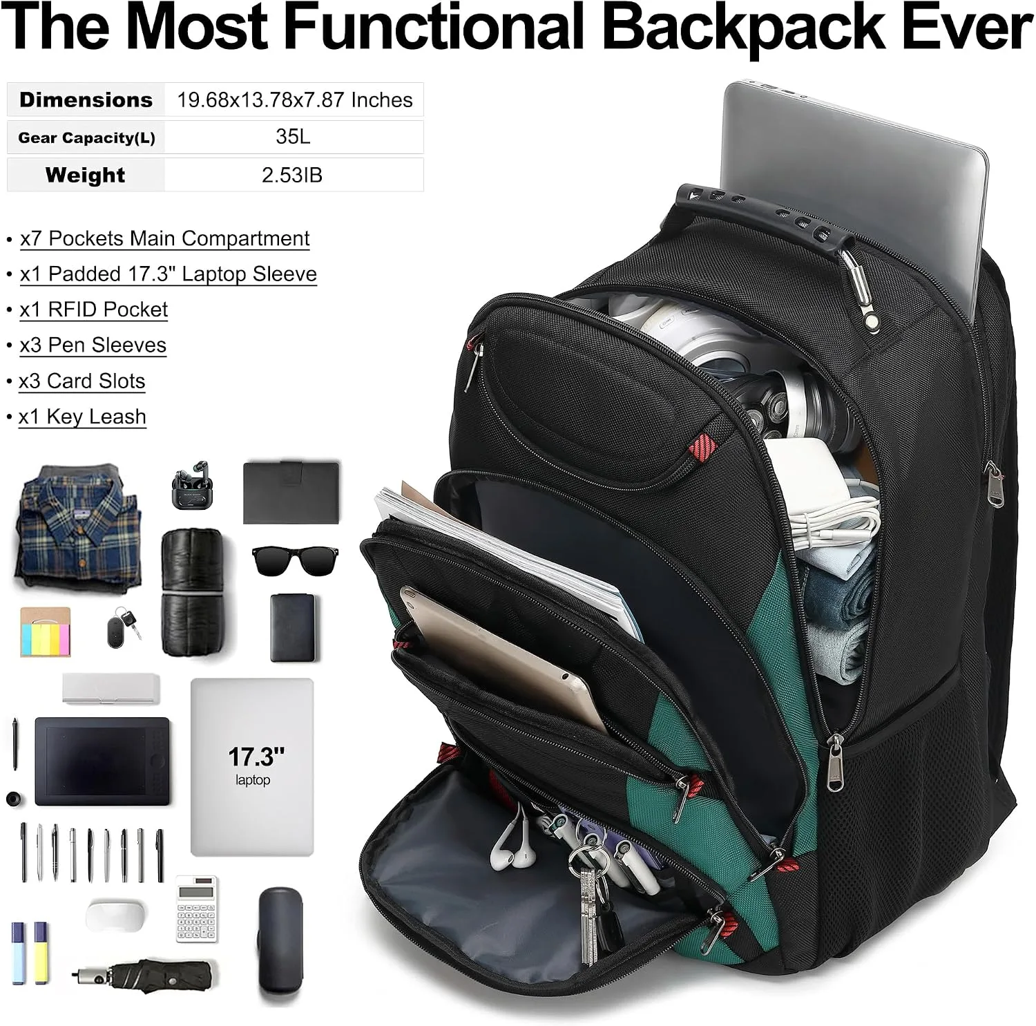 Boavan Laptop Backpack for men, 17.3 inch Laptop Bag with USB Port, Waterproof Travel Work Backpack Purse, Anti-Theft Teacher Nurse Doctor Casual Bookbags Office Business backpack，Black&Deep Juniper