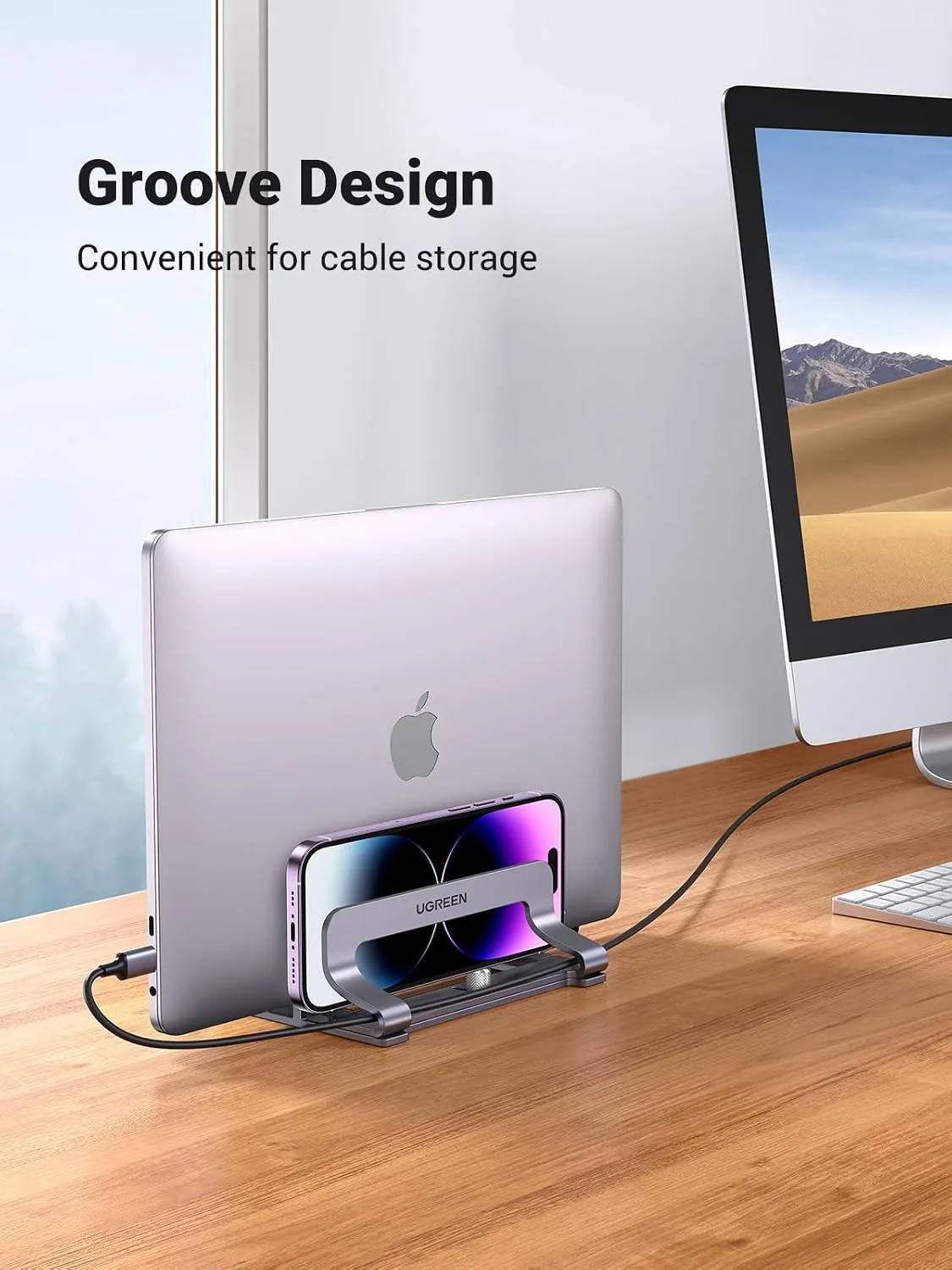 UGREEN 2-Slot Vertical Laptop Stand Holder Desk Compatible with MacBook Pro Air Laptop Stand Desktop Adjustable, Lenovo Ideapad, Surface Book, HP Notebook, Dell Chromebook Up to 17.3 Inch, Space Gray