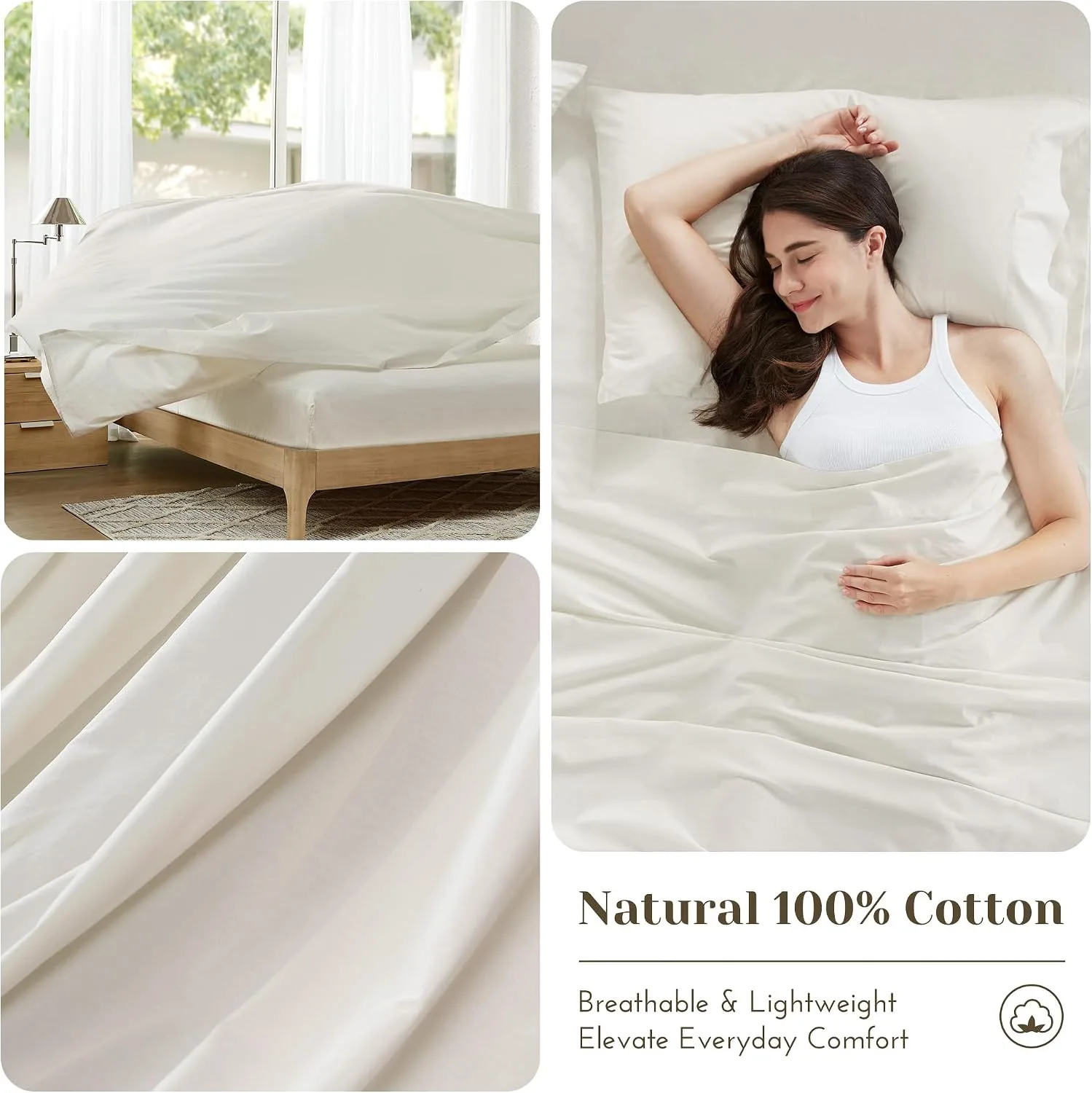 Comfort Spaces 100% Cotton Percale Sheets Queen Sheet Set 4 Pcs, Ivory