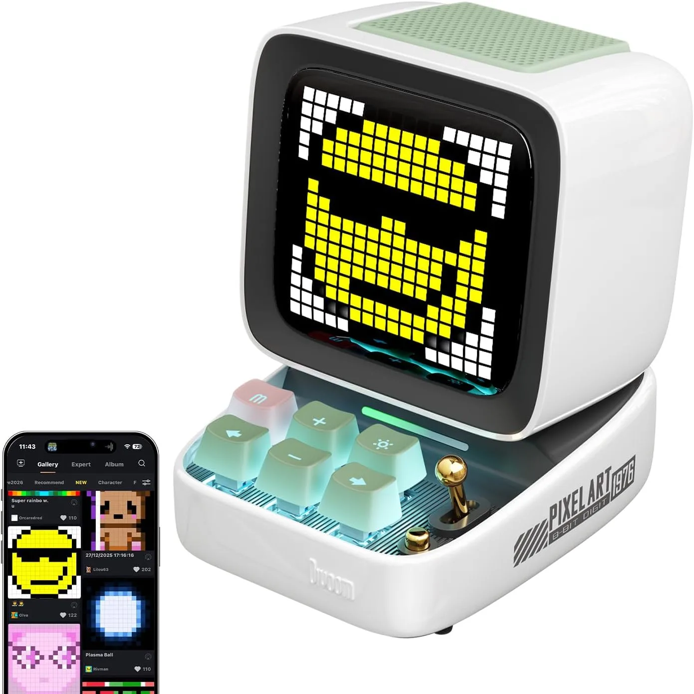 Divoom Ditoo Retro Pixel Art 15W Bluetooth Speaker,Cute Speaker with Alarm,White Noise & Mini Games,Iconic Desk Setup Speaker with 16X16 LED App Controlled Front Screen,Gifts for Anyone (White)