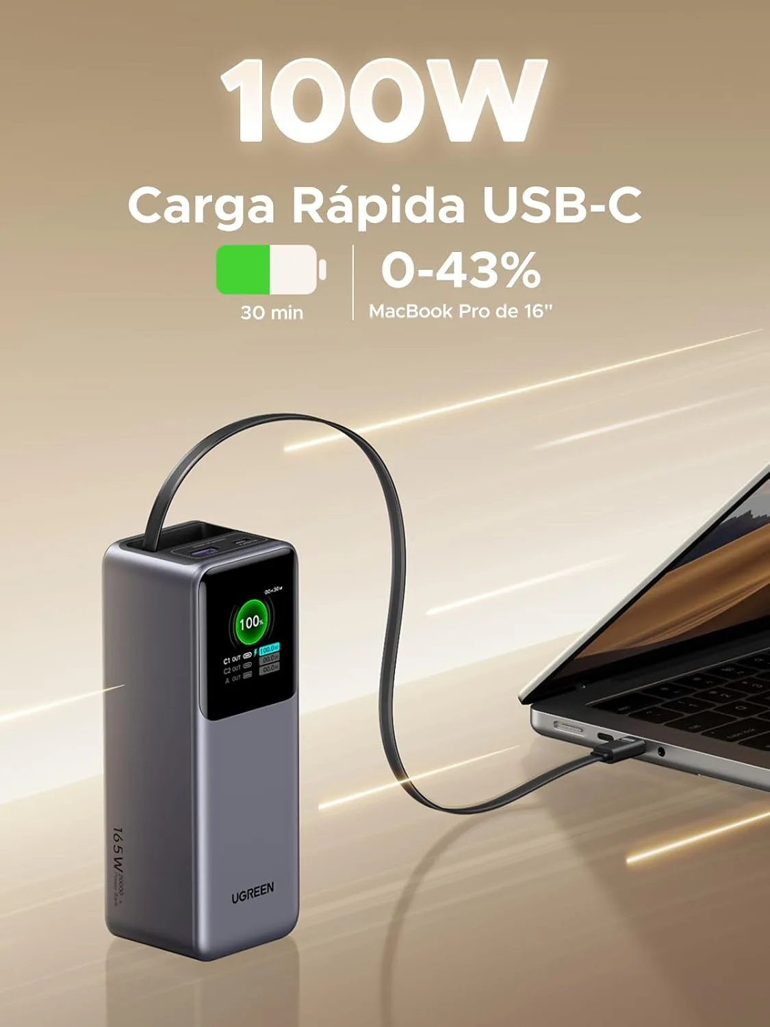 UGREEN Nexode 20000mAh 165W Power Bank for MacBook Pro 16, Built-in Cable