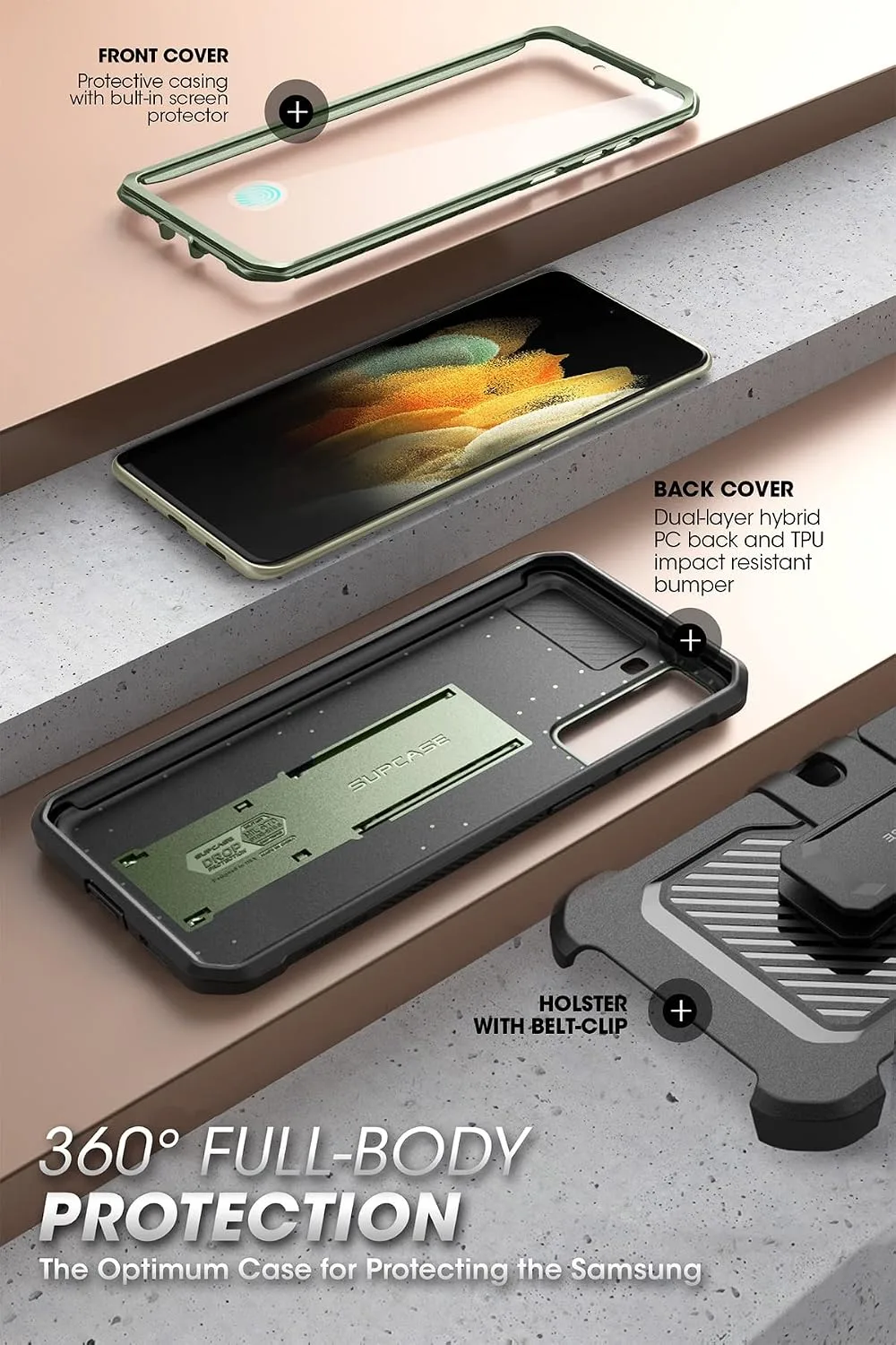SUPCASE for Galaxy S21 FE Case with Built-in Screen Protector, Green