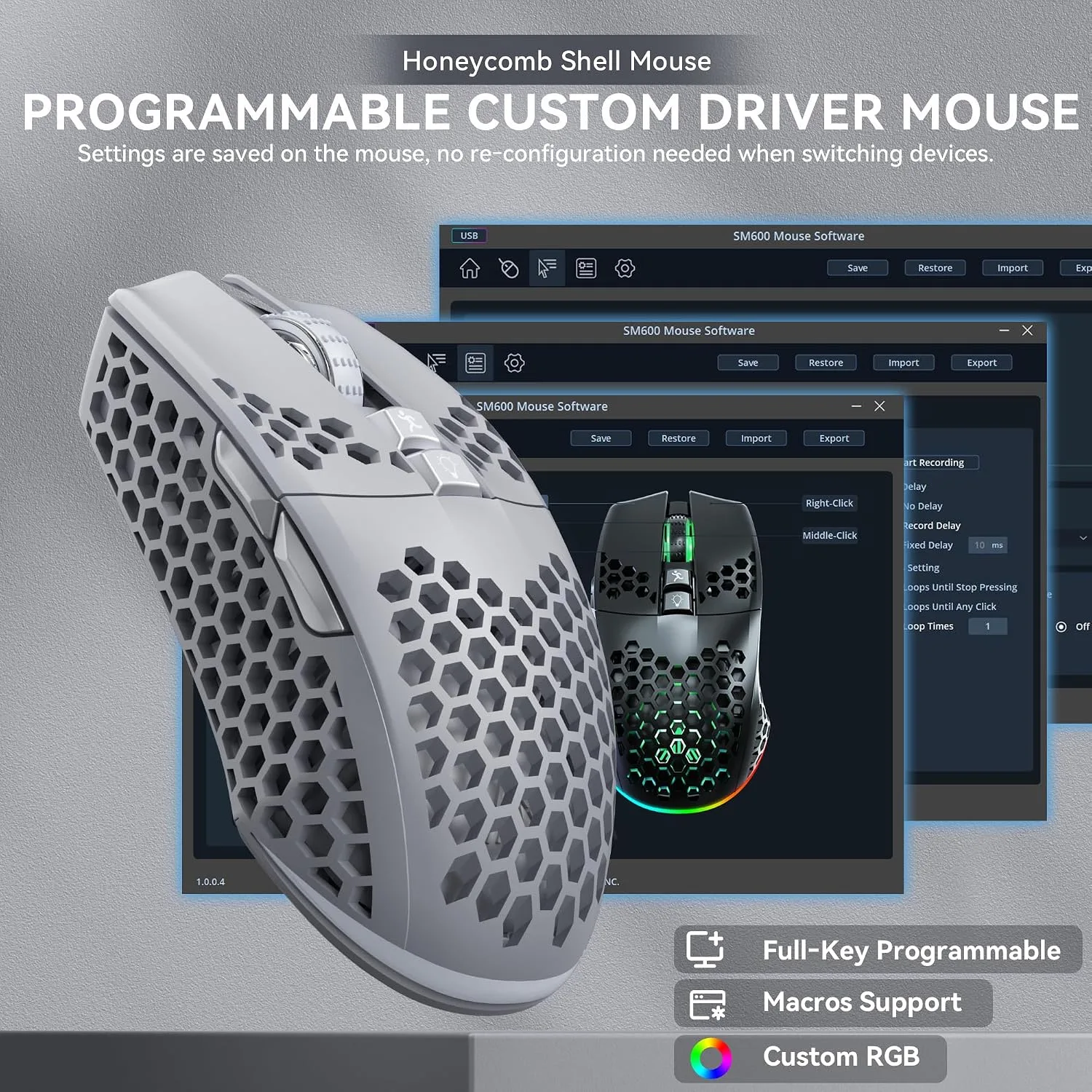 SOLAKAKA SM600 Wireless Wireless Gaming Mouse with Honeycomb Shell,Gray