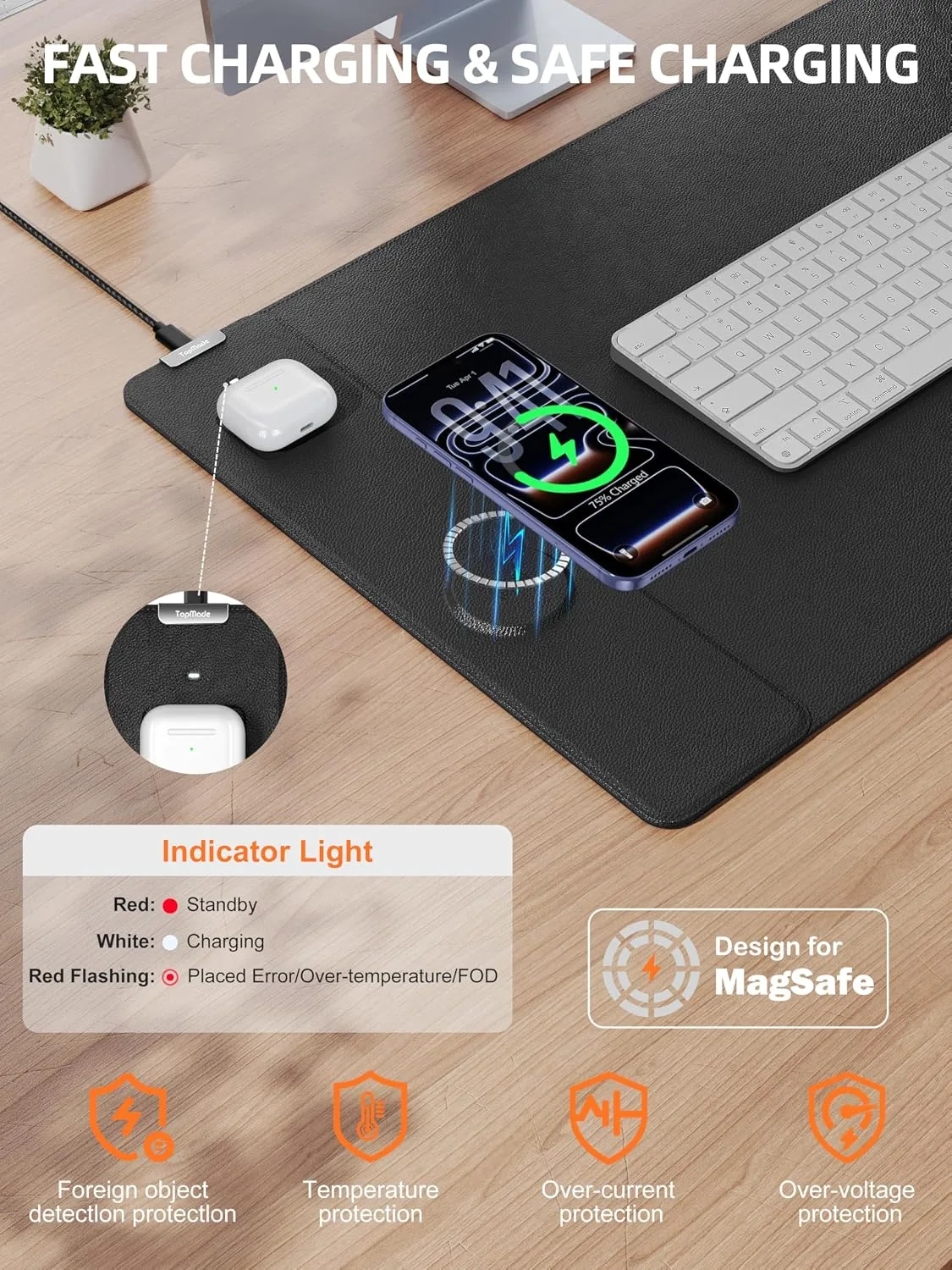 Mouse Pad with 15W Wireless Charging, XXL Large Leather Desk Mat, Black