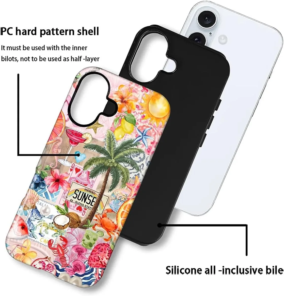 DAIZAG Case for iPhone 16,Mixed 2 Layer Design Shockproof Soft TPU Ddouble Protection Phone Case for iPhone 16-Aesthetic Summer Beach