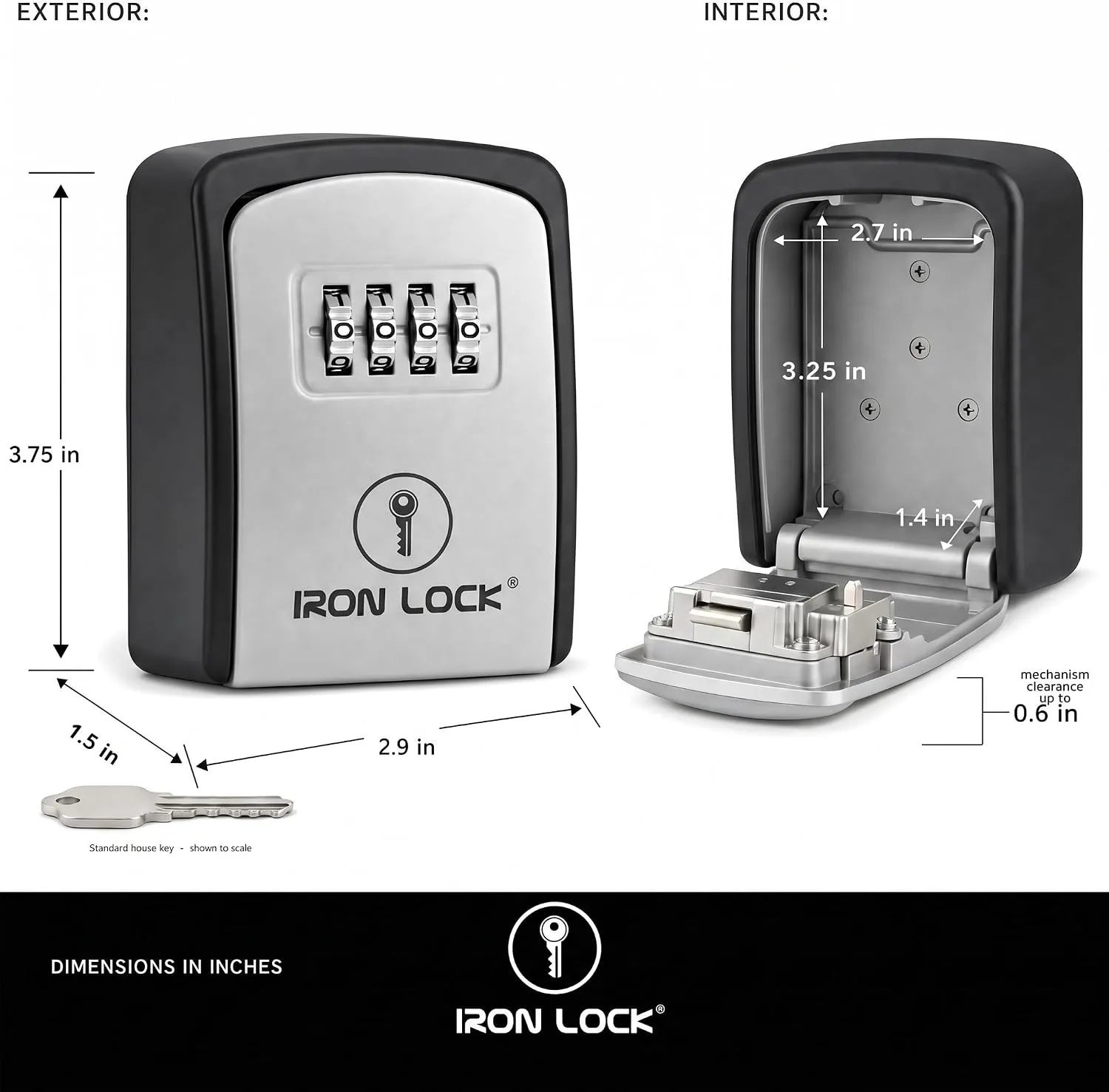 Iron Lock® Small Wall Mount Key Lock Box for Keys Outside (Grey)