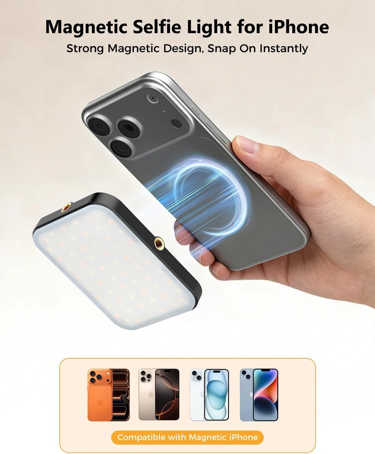 Magnetic Selfie Light for iPhone, Selfies Video Lighting, 6 Lighting Modes, 12 Brightness Levels, Clip, Magnetic or Camera Mount, Ideal for TikTok, Zoom, Makeup, Live Streaming