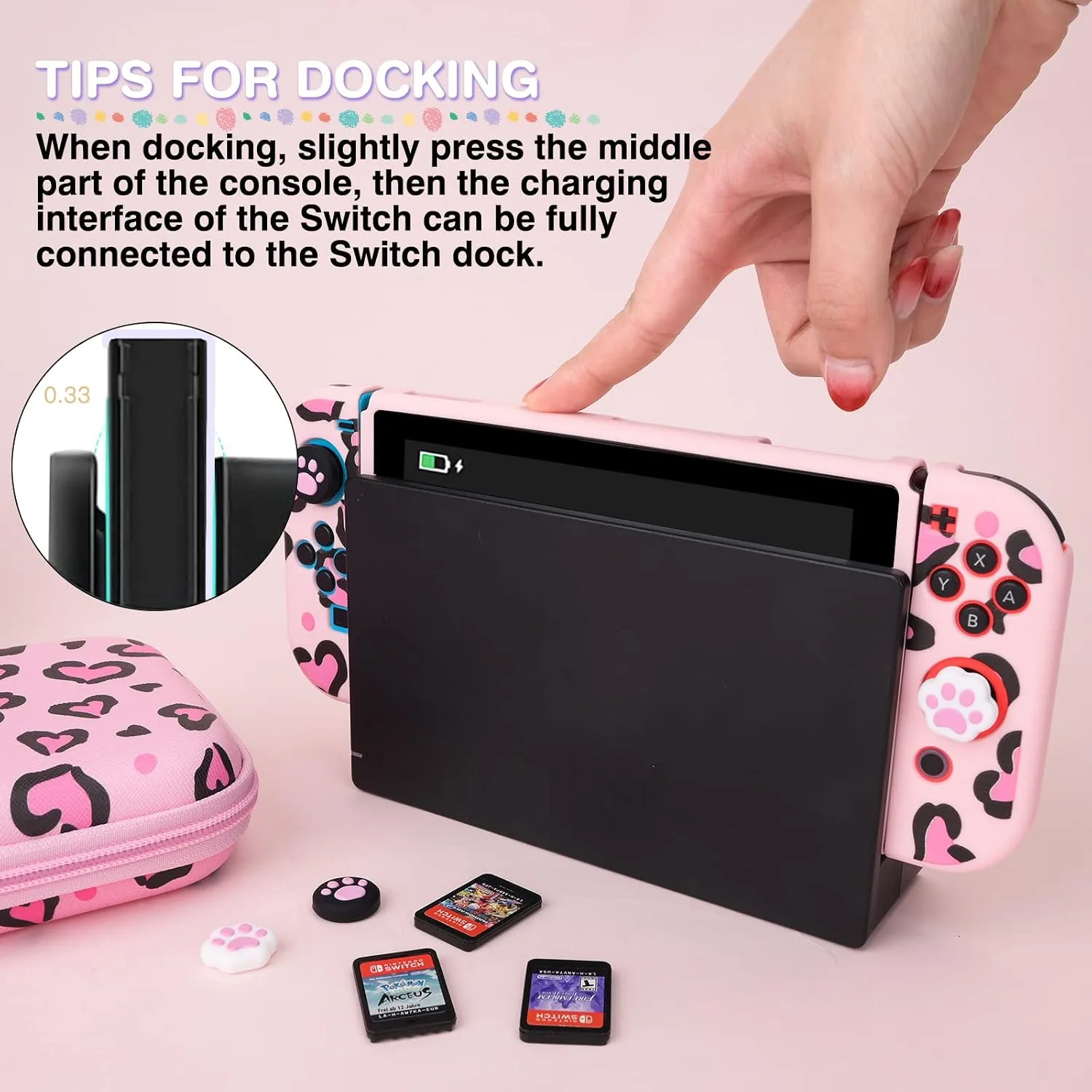 DLseego Pink Love Leopard Carrying Case for Switch, Cute Silicone Protective Shell Soft Cover with 4PCS Thumb Grip Caps and Pink Plush Heart Pendant Hard Storage Case Accessories Kit Bundle for Girls