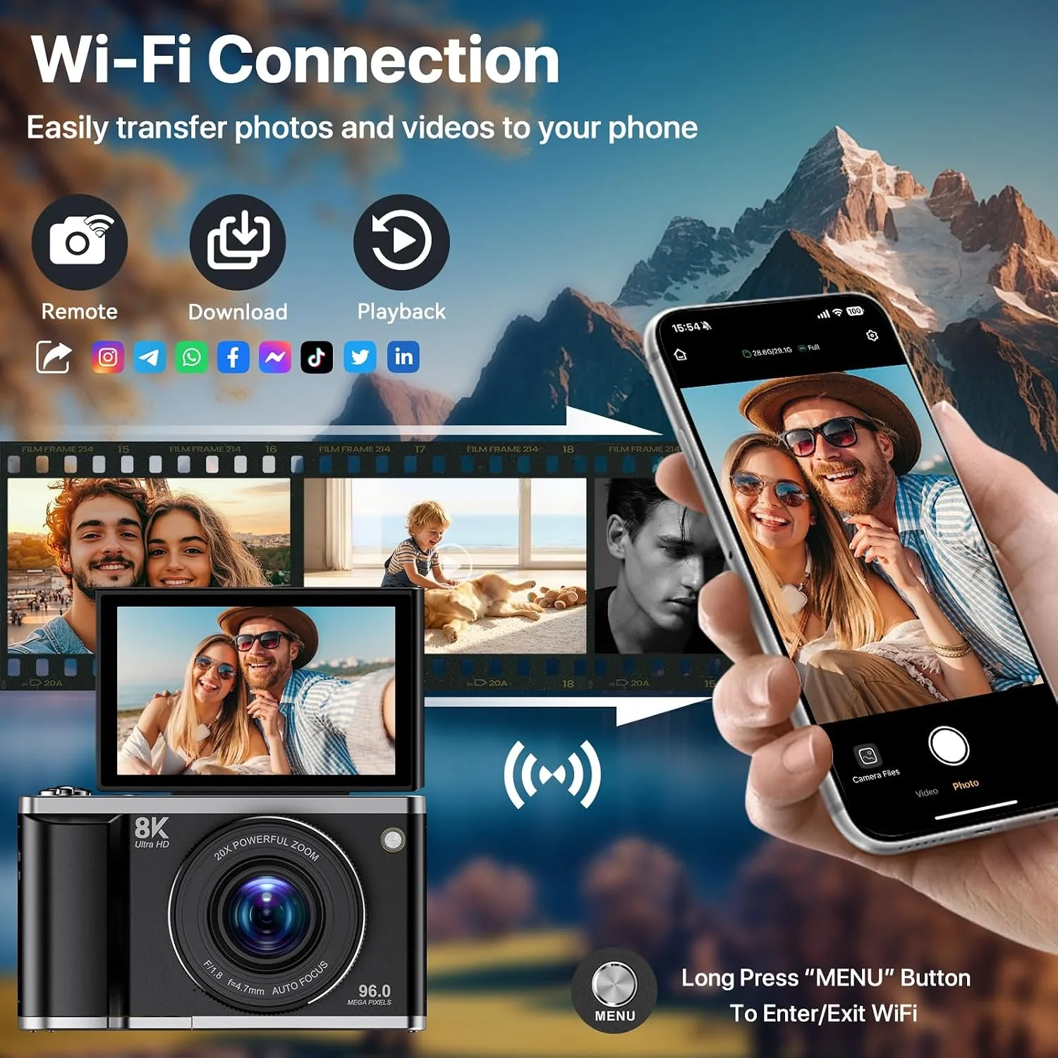 8K Digital Camera for Photography with WiFi 96MP Autofocus Vlogging Camera for YouTube Video 3.5'' 180°Flip Screen 20X Zoom Anti-Shake Compact Point and Shoot Cameras for Beginner Creator with SD Card