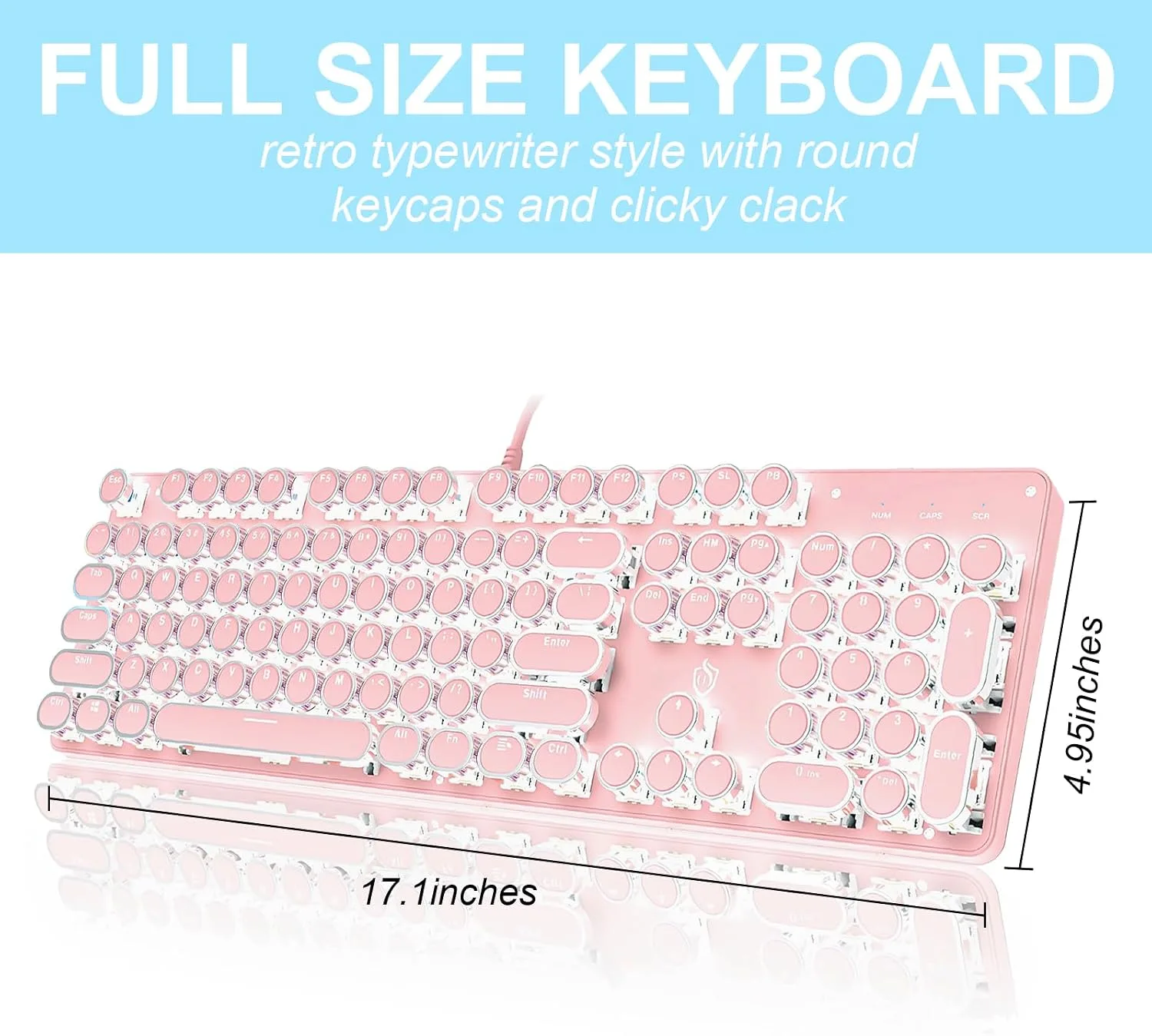 YSCP Typewriter Style Mechanical Gaming Keyboard White Backlit Wired with Blue Switch Retro Round Keycap 104 Keys Keyboard (Pink)