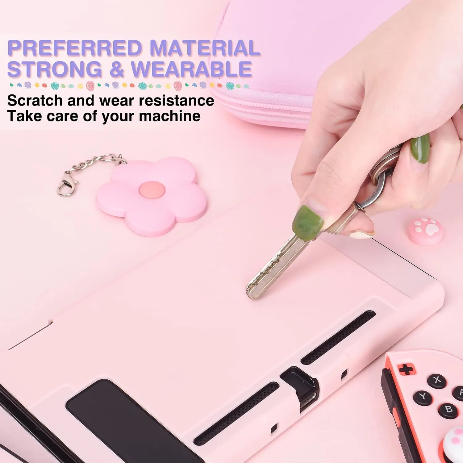 DLseego Pink Switch Case Set Carrying Case with 10 Slots Cute Protective Dockable Hard Shell with 4PCS Lovely Cat Paw Thumb Grips Caps and 1PC Flower Blossom Chain for Switch 2017 Version