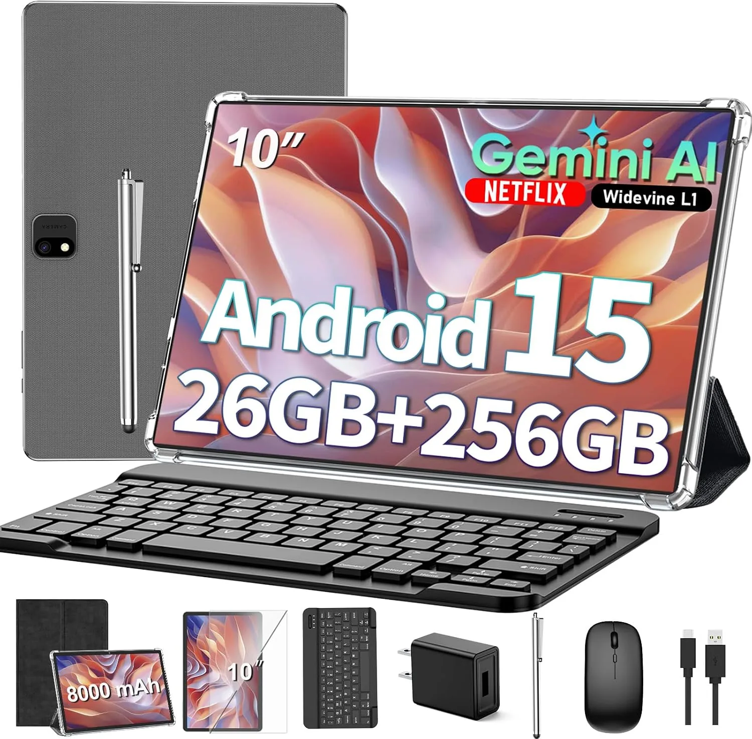 2026 Gemini AI 10 inch Tablet - Android 15 Tablet with Keyboard, Black Case