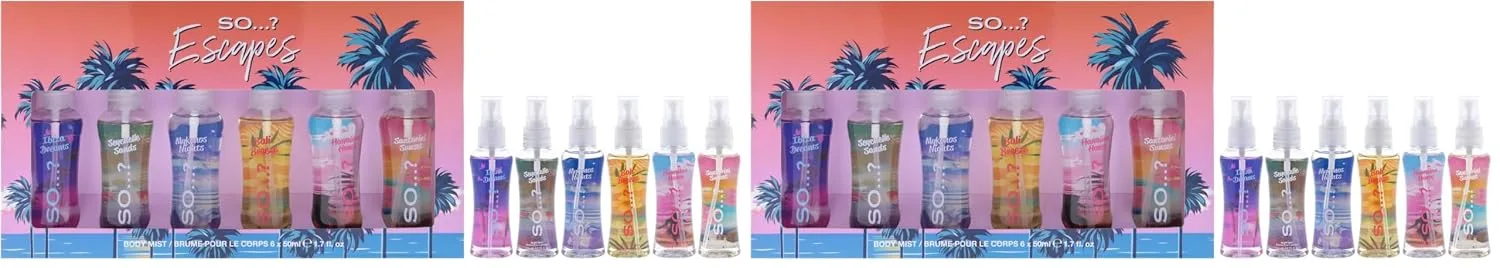 So...? Escapes Body Mist Set For Women - 6 Pc 1.7oz Body Mists - Ibiza Dreams, Mykonos Night, Bali Breeze, Seychelle Sand, Hawaiin Honey, Santorini Sunset (Pack of 2)
