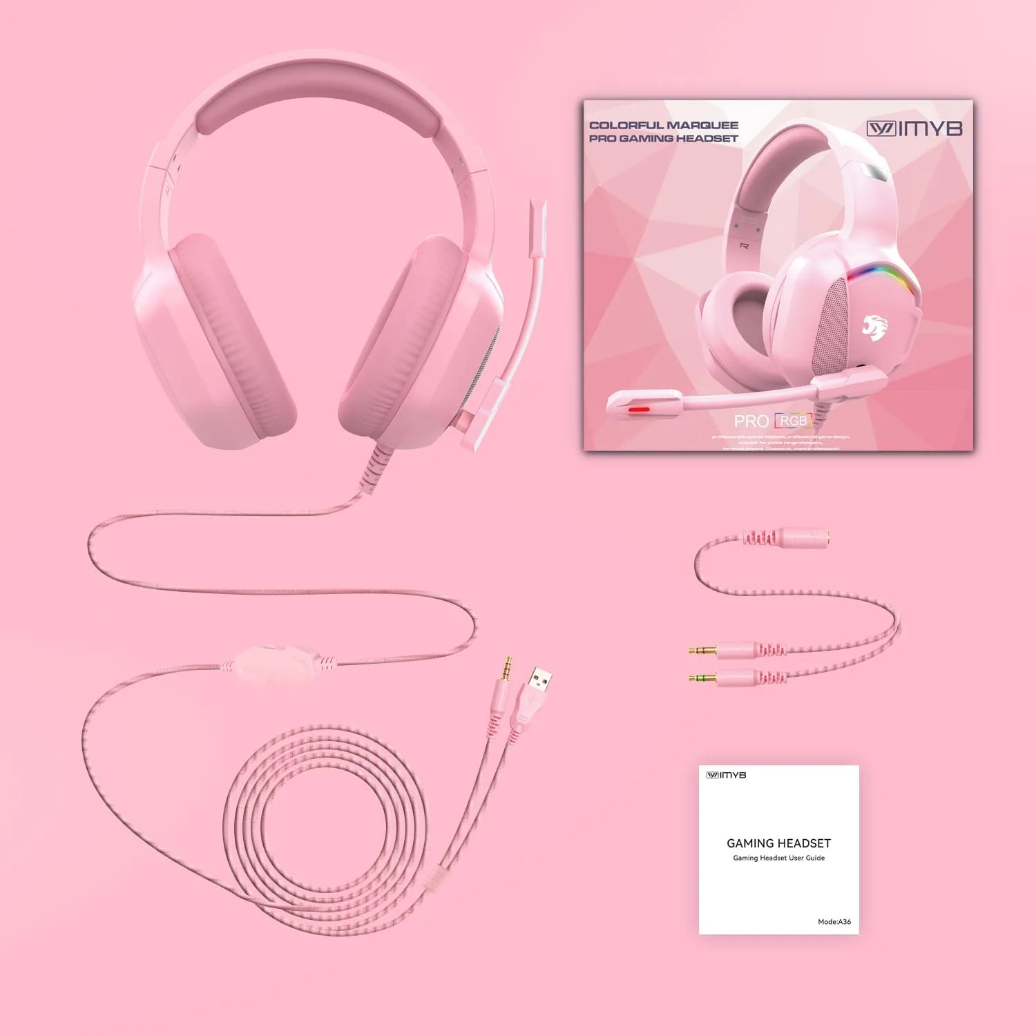 IMYB A36 Pink Gaming Headset with Mic Stereo Headphones for Pc, PS5, Xbox