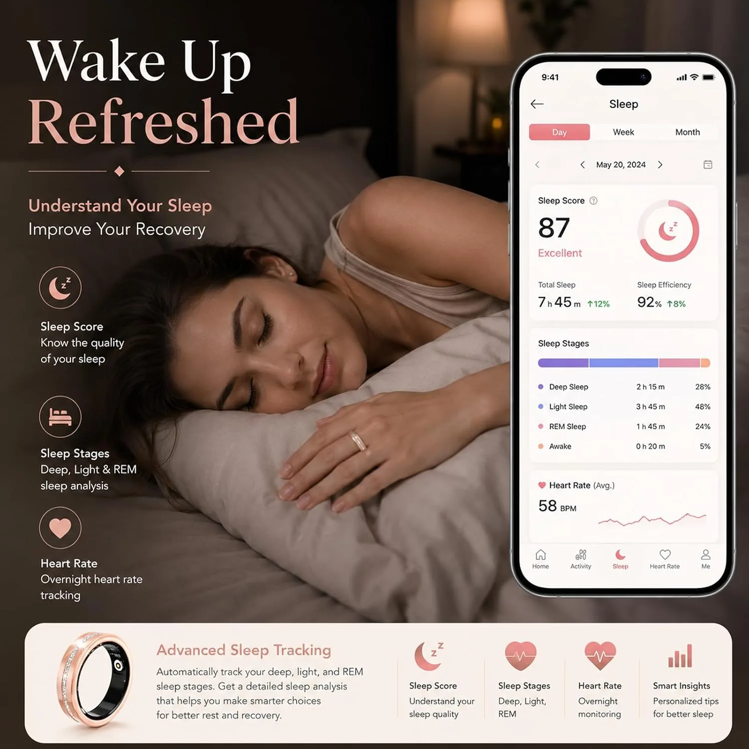 Smart Ring for Women Health Ring with 24/7 Heart Rate Monitor Sleep Tracker Multi-Sport Modes Waterproof Remote Camera Period Tracking Fitness Tracker Diamond-Accented Fashion iOS Android Phones