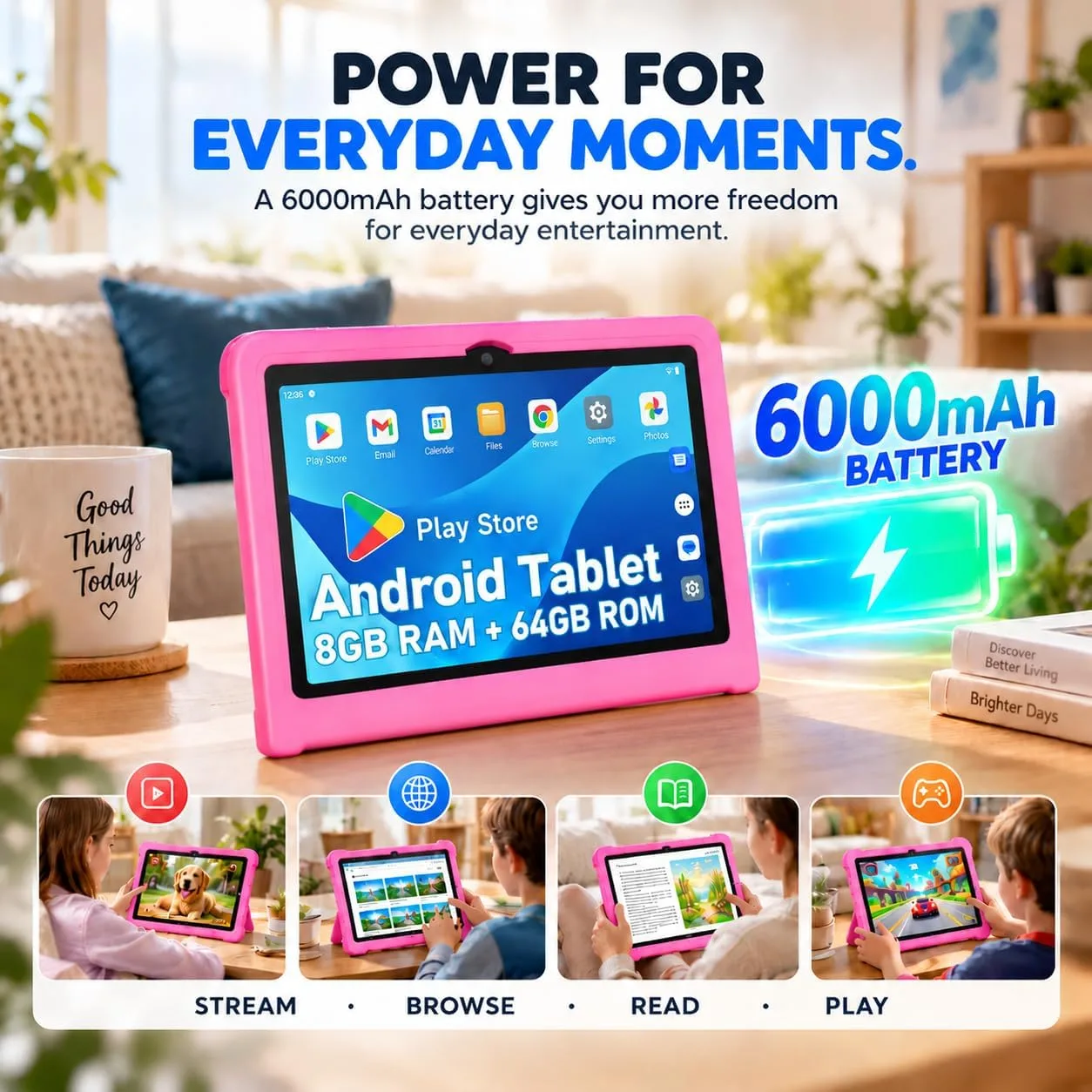 JREN
10.1"
Android
15
Tablet
with
Case,
64GB
Storage,Octa-Core
Pink