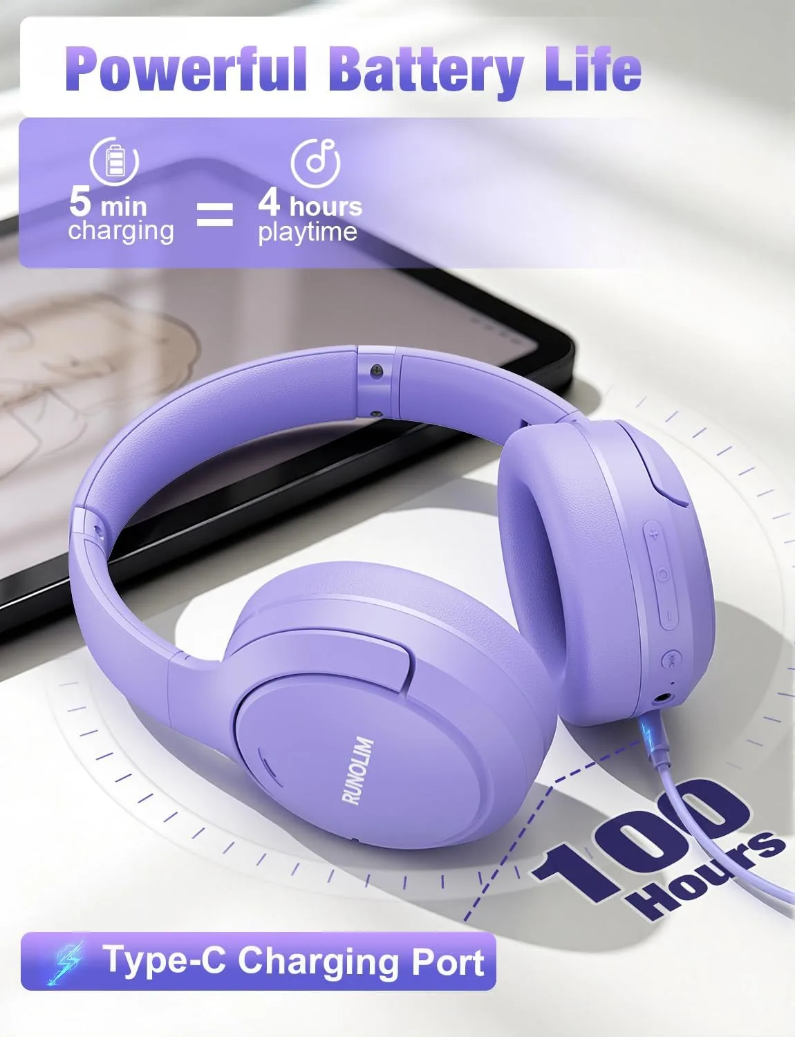 RUNOLIM Active Noise Cancelling Headphones, Wireless Bluetooth Over Ear