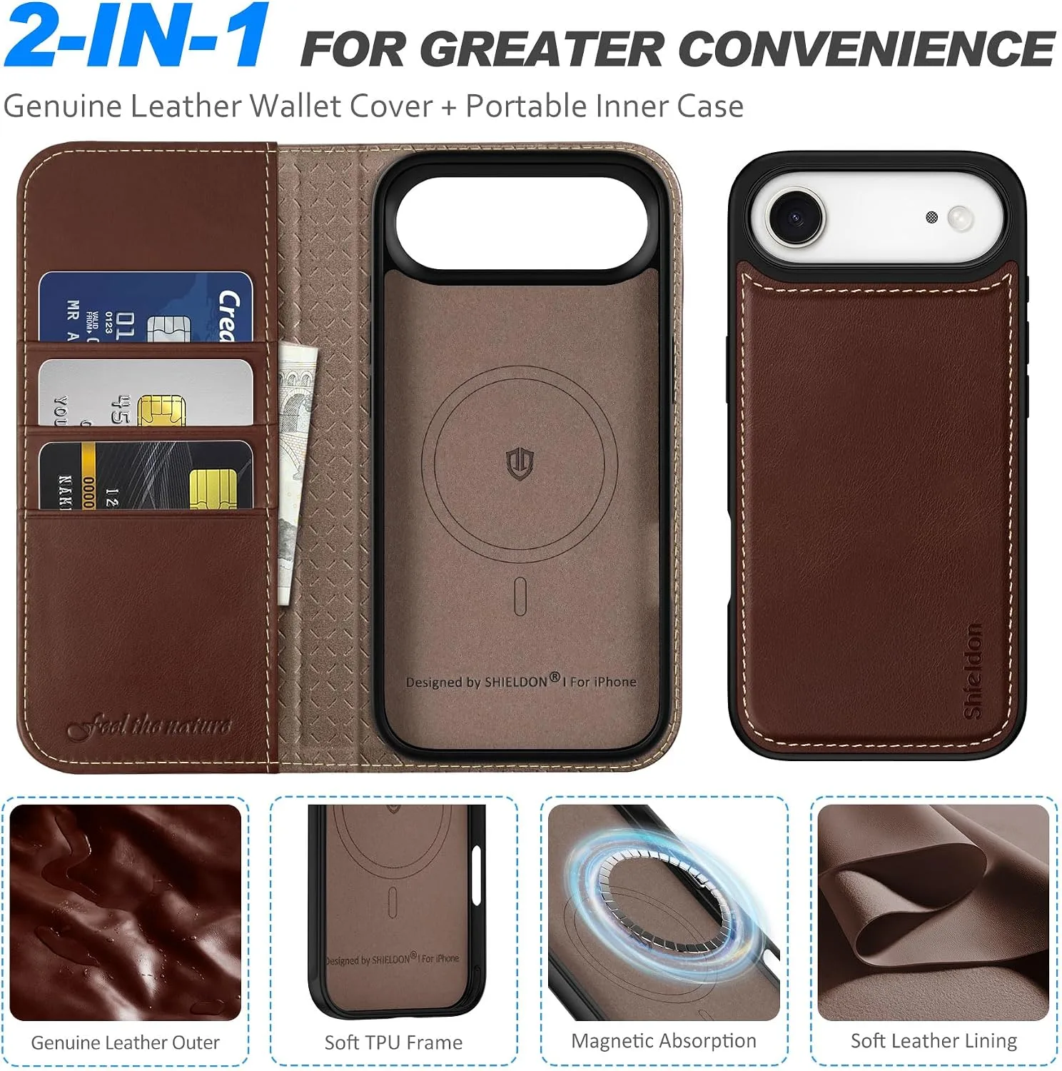 SHIELDON Removable Genuine Leather Case Wallet for iPhone Air, Retro Coffee