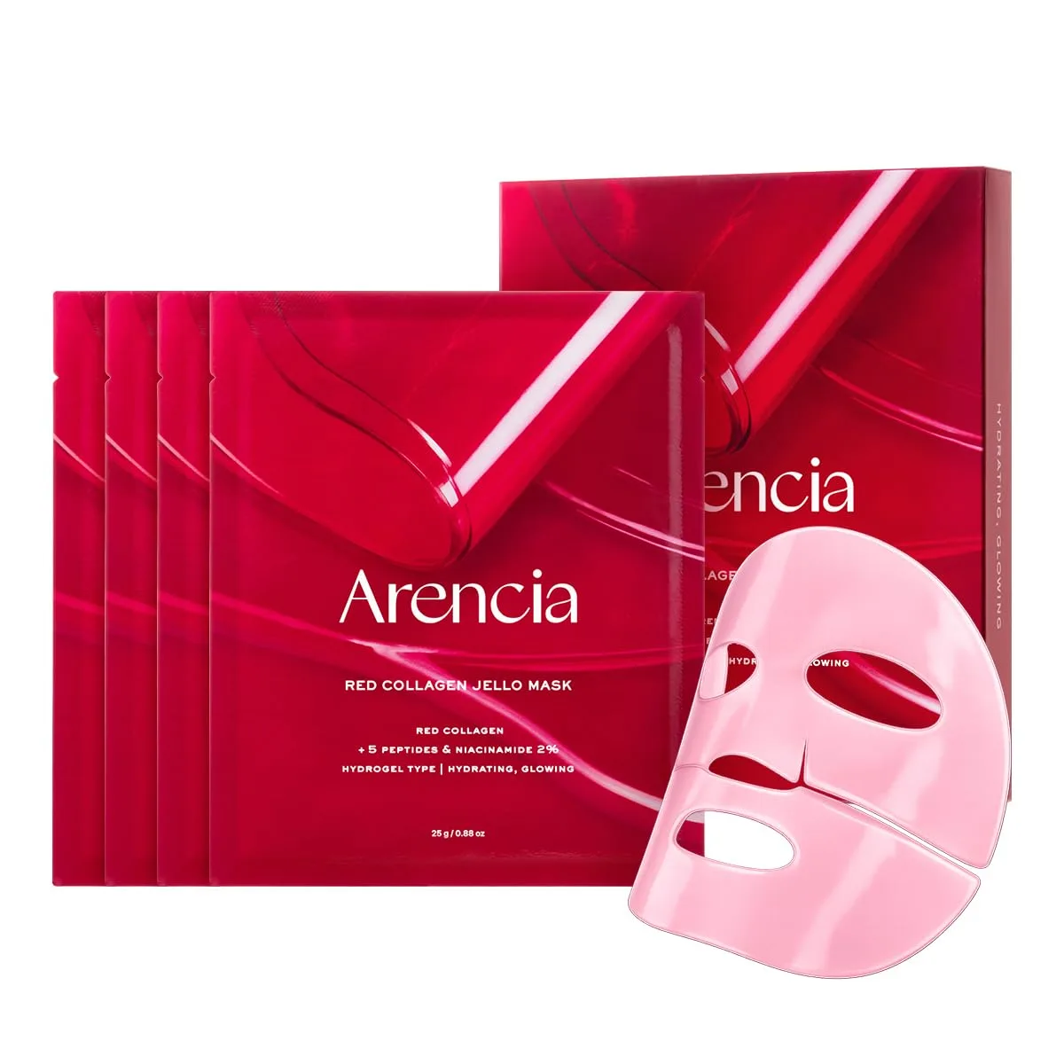 ARENCIA Red Collagen Jello Mask, Plump & Hydrating x 4ea, Overnight Hydrogel Mask for Dry, Mature Skin, Packed with Collagen, 5 Peptides, 2% Niacinamide
