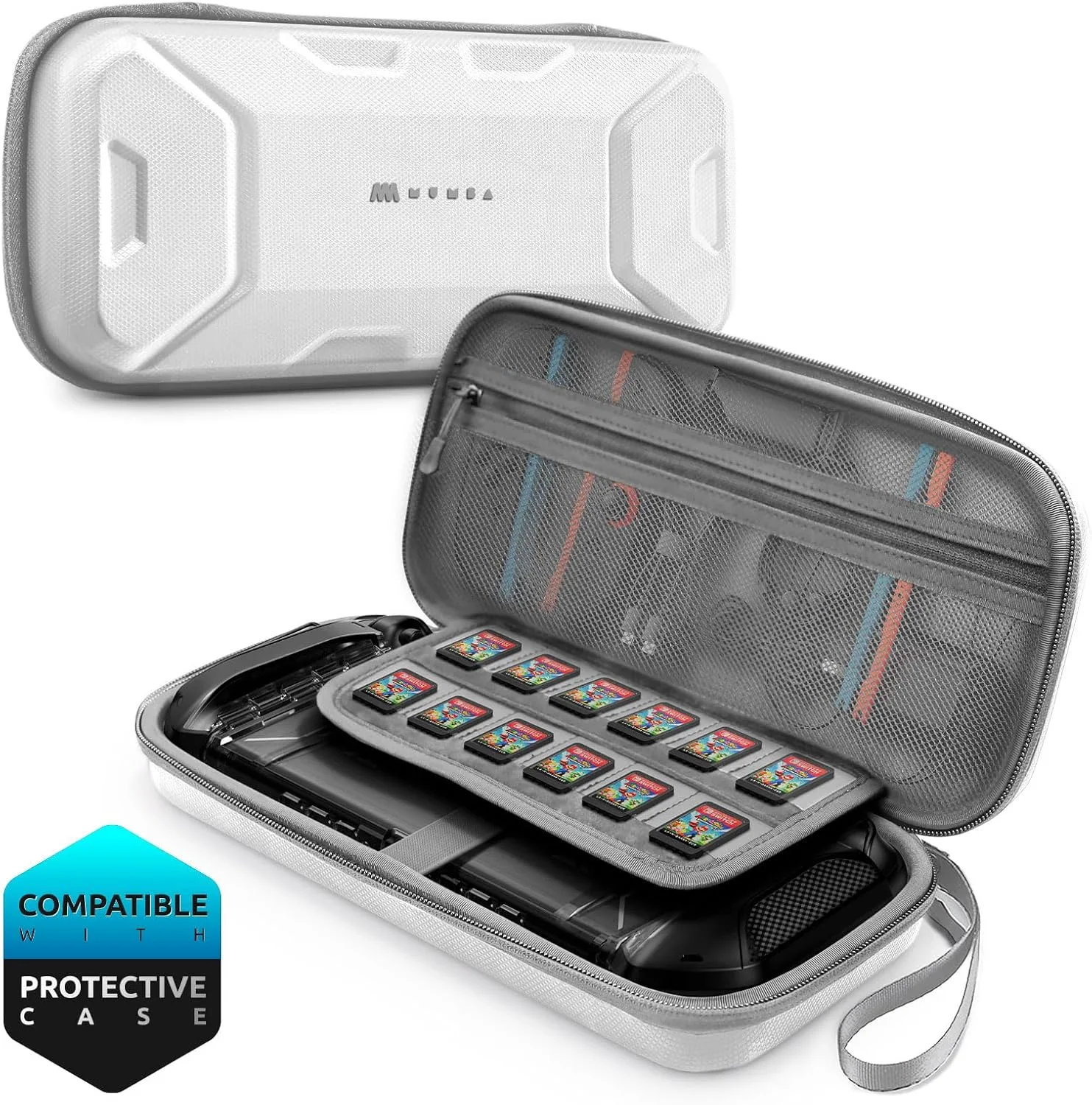 Mumba Carrying Case for Nintendo Switch 2 [Fits Console with Protective Case On][2025 Plus Version] Hard Shell Travel Handbag Pouch with 12 Game Card Slots, Large Capacity for Accessories (White)