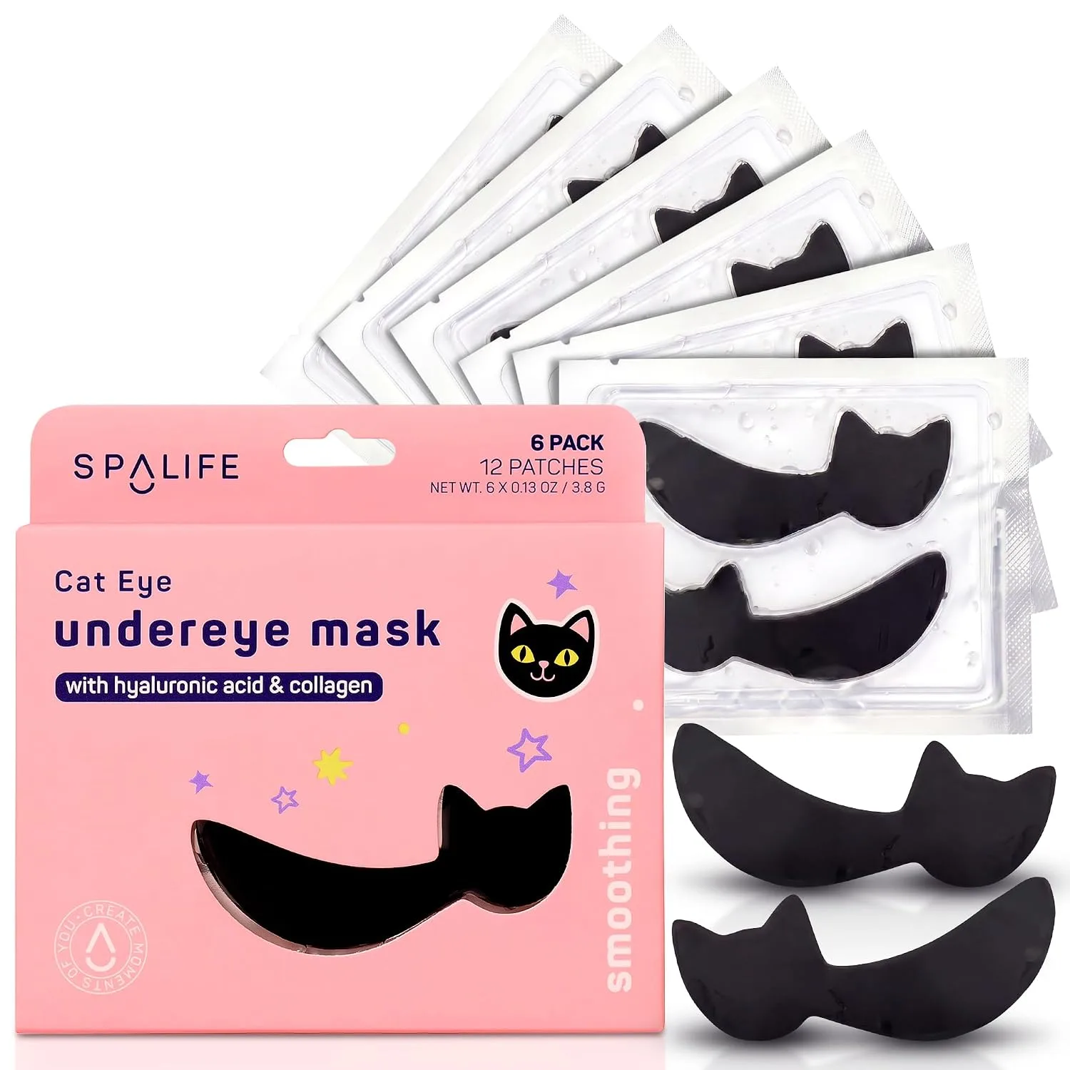 SpaLife Cat Smoothing Korean Eye Patches | Halloween Gifts For Girlfriend | Eye Patches for Puffy Eyes and Dark Circles | Gothic Cat Gifts & Adult Boo Basket Stuffers for Women | Pack of 6 Pairs