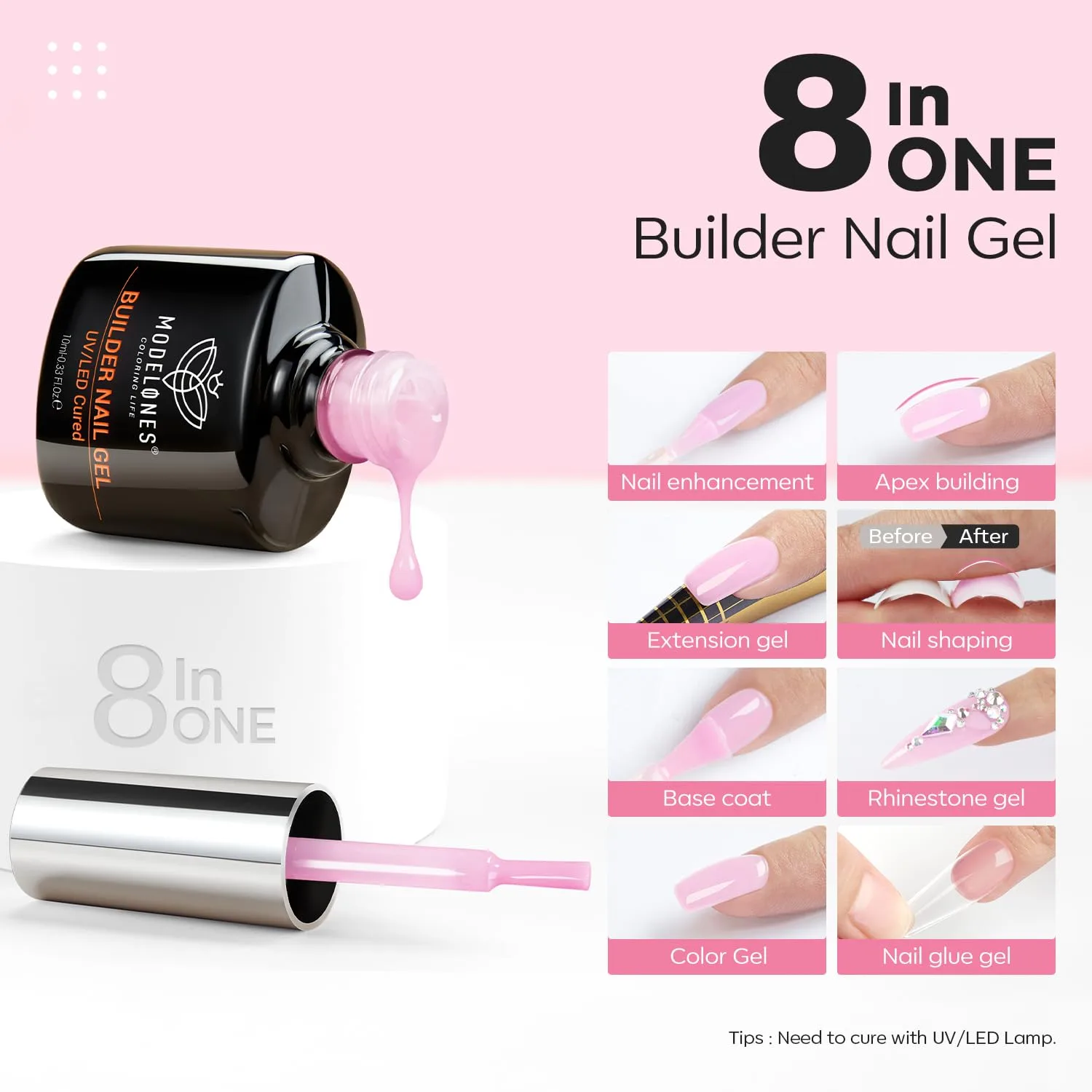 modelones Builder Nail Gel, 2 Pcs Clear and Baby Pink Builder Base Coat