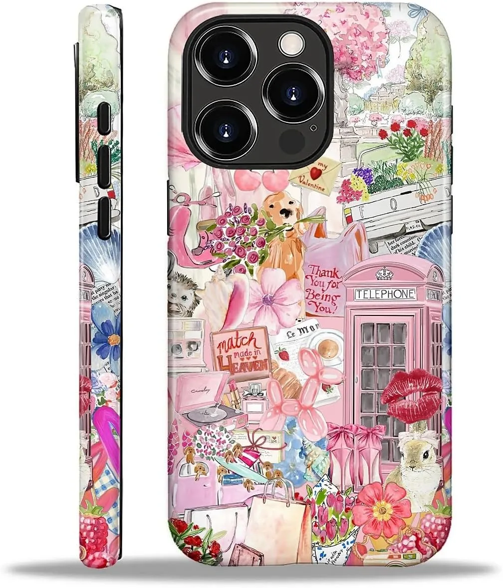 DAIZAG Case for iPhone 16 Pro,Mixed 2 Layer Design Shockproof Soft TPU Ddouble Protection Phone Case for iPhone 16 Pro-Cute Pink Animal Garden Collage