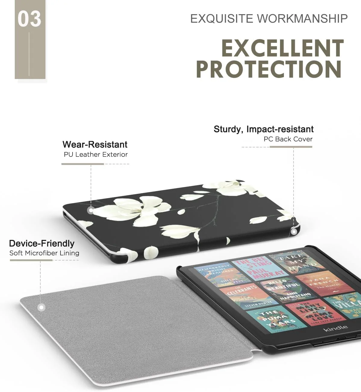 Moko Case for 7" Kindle Paperwhite 12th Gen 2024/Colorsoft, B&W Magnolia