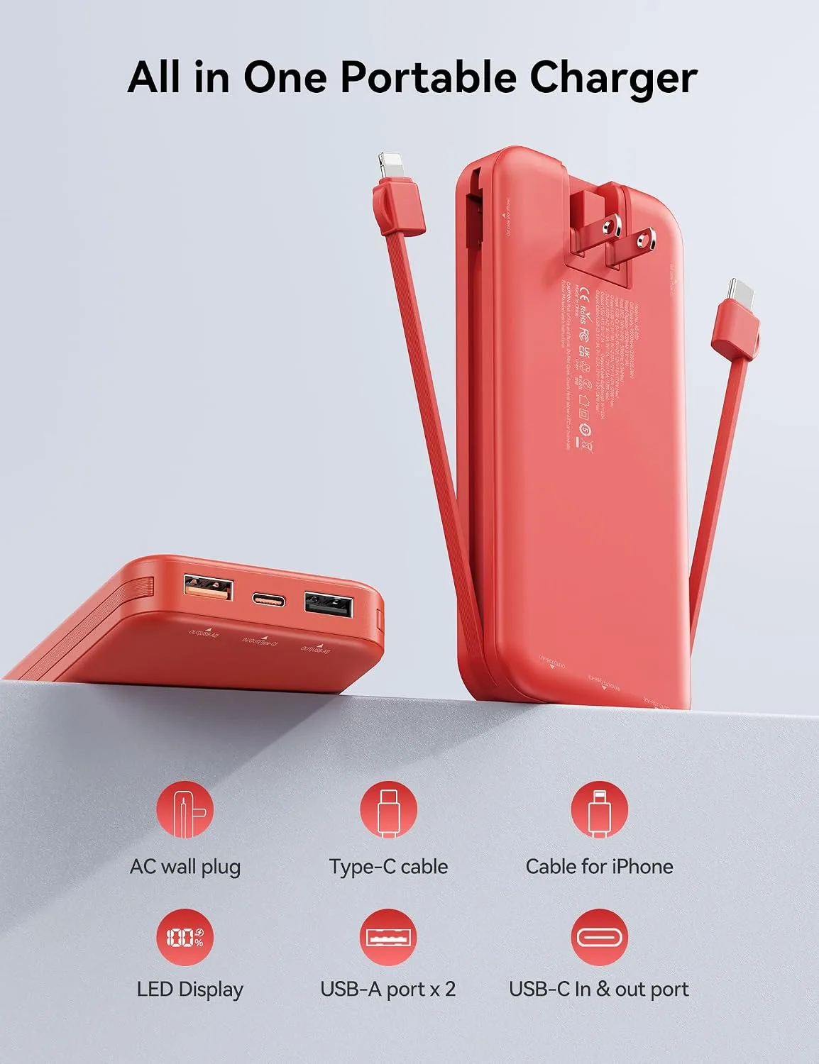 Portable Charger Power Bank 10000mAh with Built in Cables & Wall Plug