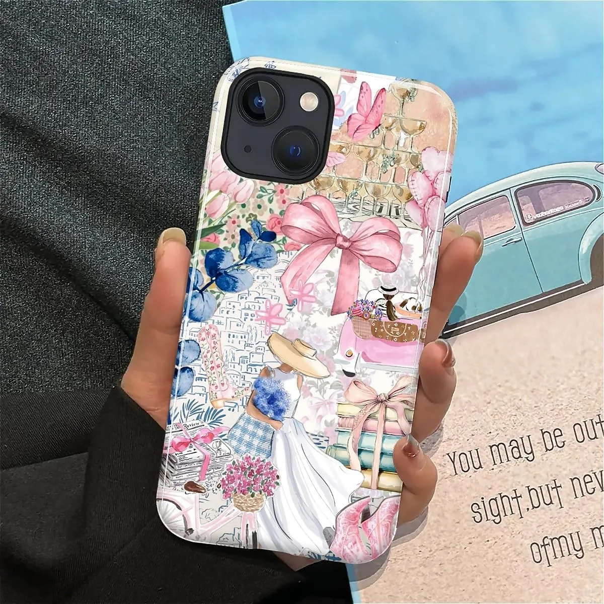 DAIZAG Case for iPhone 15 Plus,Mixed 2 Layer Design Shockproof Soft TPU Ddouble Protection Phone Case for iPhone 15 Plus-Magazine Books Flower Bow Collage
