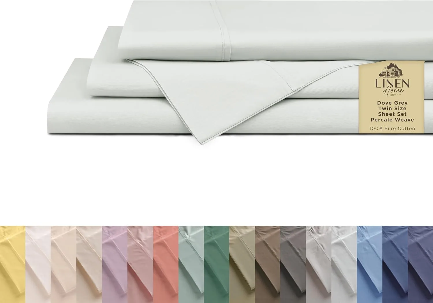 Linen Home 3 Piece Twin Size 100% Cotton Percale Sheet Set, Dove Grey