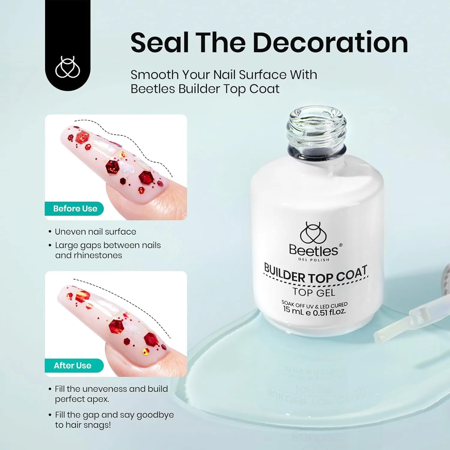 Beetles Color Base Coat & Builder Top Coat Gel Set, 2Pcs 15ML Nude Pink Color Base Ultra Shine No Wipe Builder Top Coat for Nails, Long Lasting Thick Base For Nail Strengthening Gift for Girls