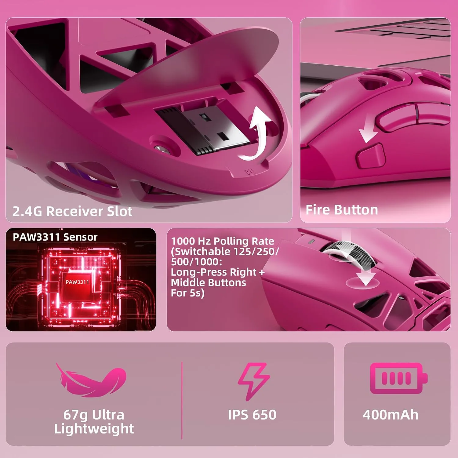 Aula SC620 Wireless Gaming Mouse, Tri-Mode 2.4GHz/USB-C/BT5.3 Computer Mouse with 12000 DPI, Programmable Macro Gamer Mouse with Rapid Fire Key, RGB Light Gaming Mice for PC/Laptop/Mac(Hot Pink)