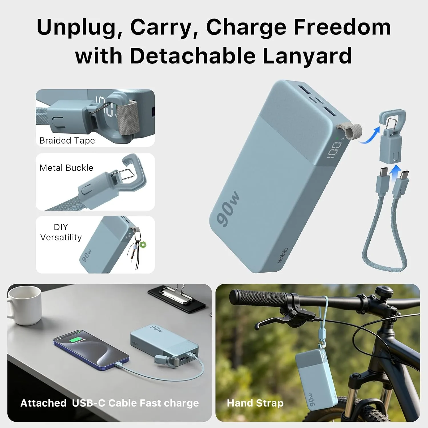 NOBIS 90W Portable Charger 20000mAh Power Bank with Detachable C-Cable