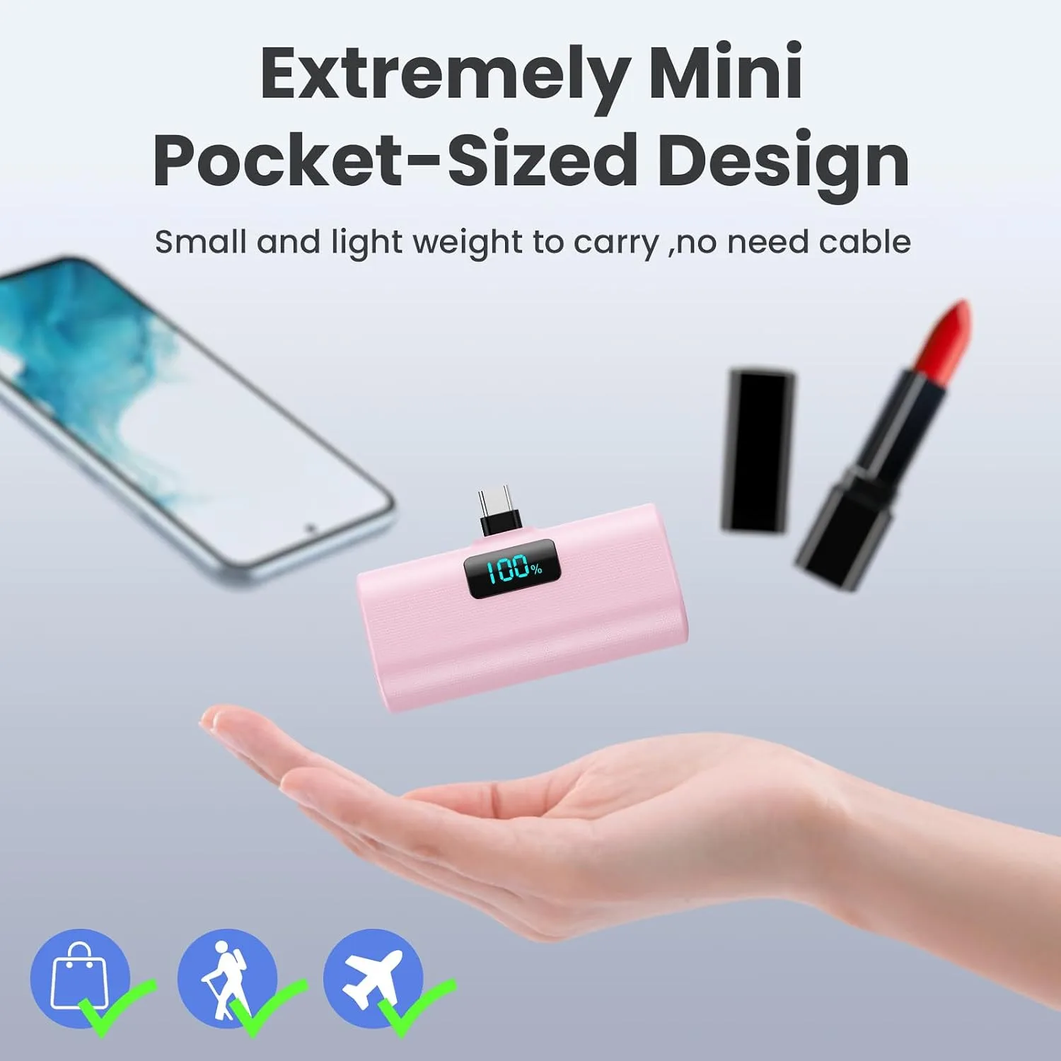 [2-Pack]Portable Charger for iPhone 16/15 Series,5200mAh PD USB C Power Bank Built-in USB-C Connector,Battery Pack Compatible with iPhone 16/16 Plus/16 Pro/16 Pro Max/15 Series,Android (Pink+Blue)