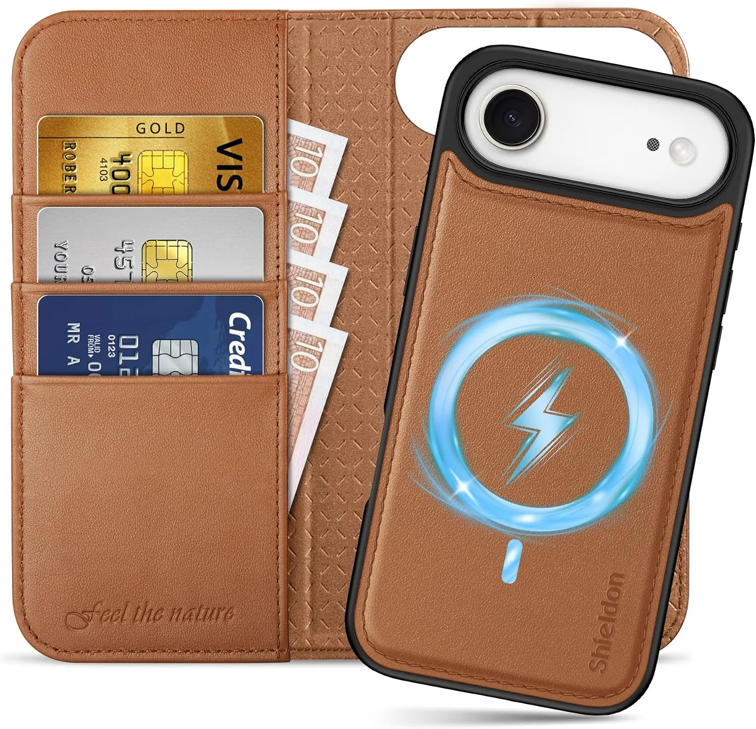 SHIELDON 2 in 1 Real Leather Case Wallet for iPhone Air 6.5", Saddle Brown
