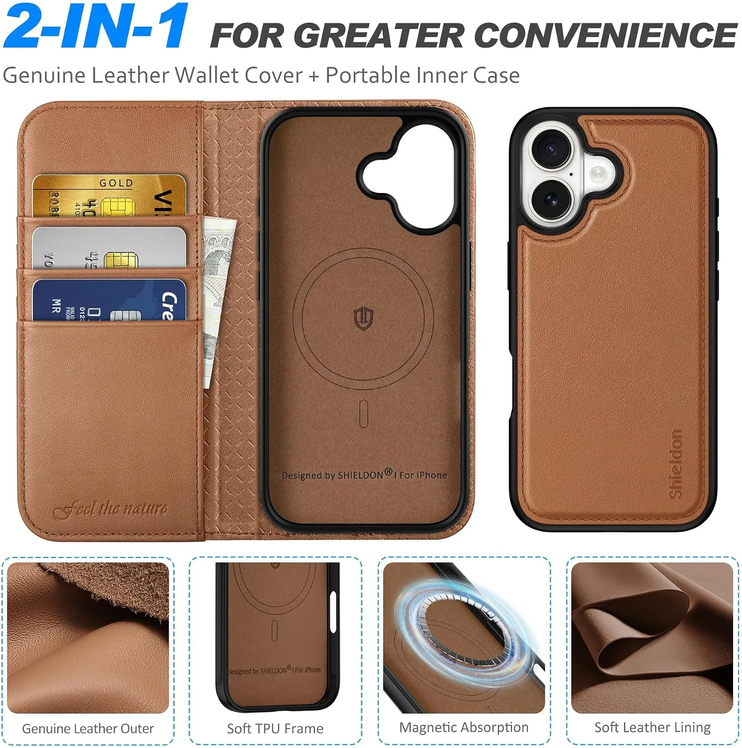 SHIELDON 2 in 1 Real Leather Case Wallet for iPhone 17 6.3", Saddle Brown