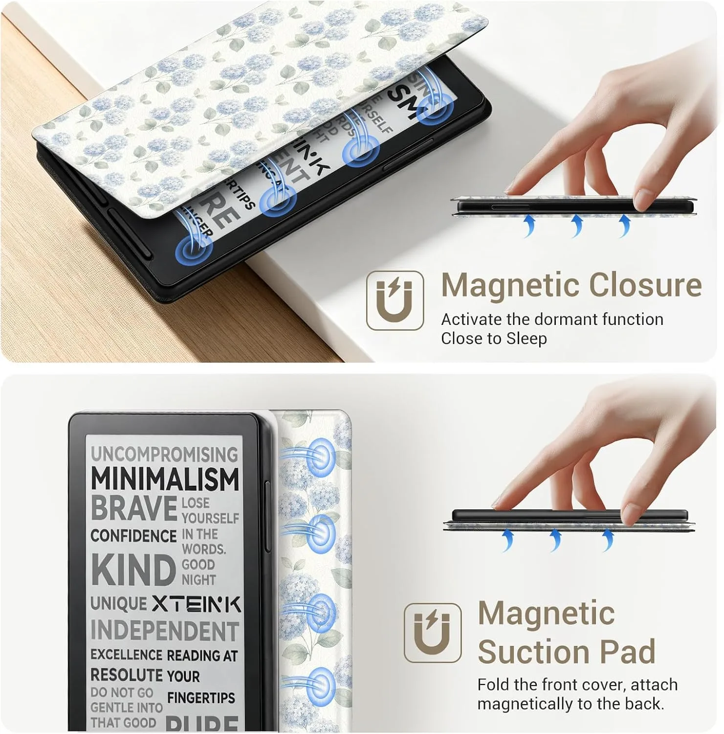 CoBak Magnetic Case for XTEINK X3 eBook Reader, 3.7" Ultra-Lightweight PU Leather Cover(Hydrangea)