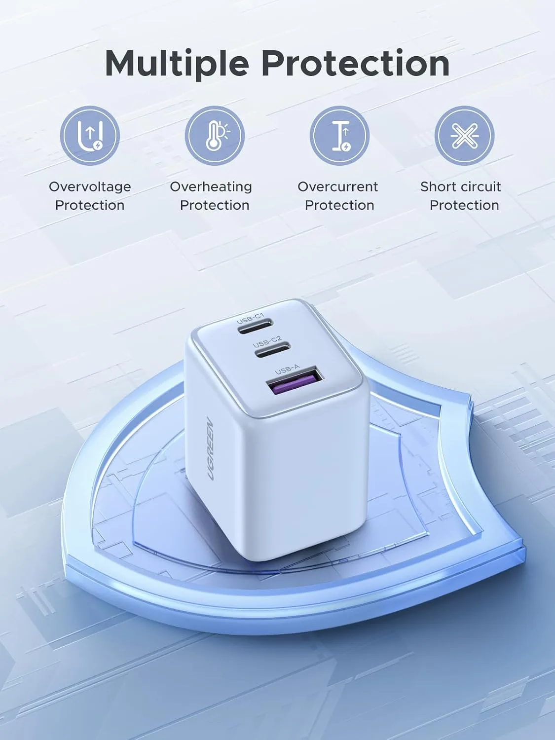 UGREEN 3-Port 30W USB C Charger Block, GaN II Type C Fast Charging, Blue