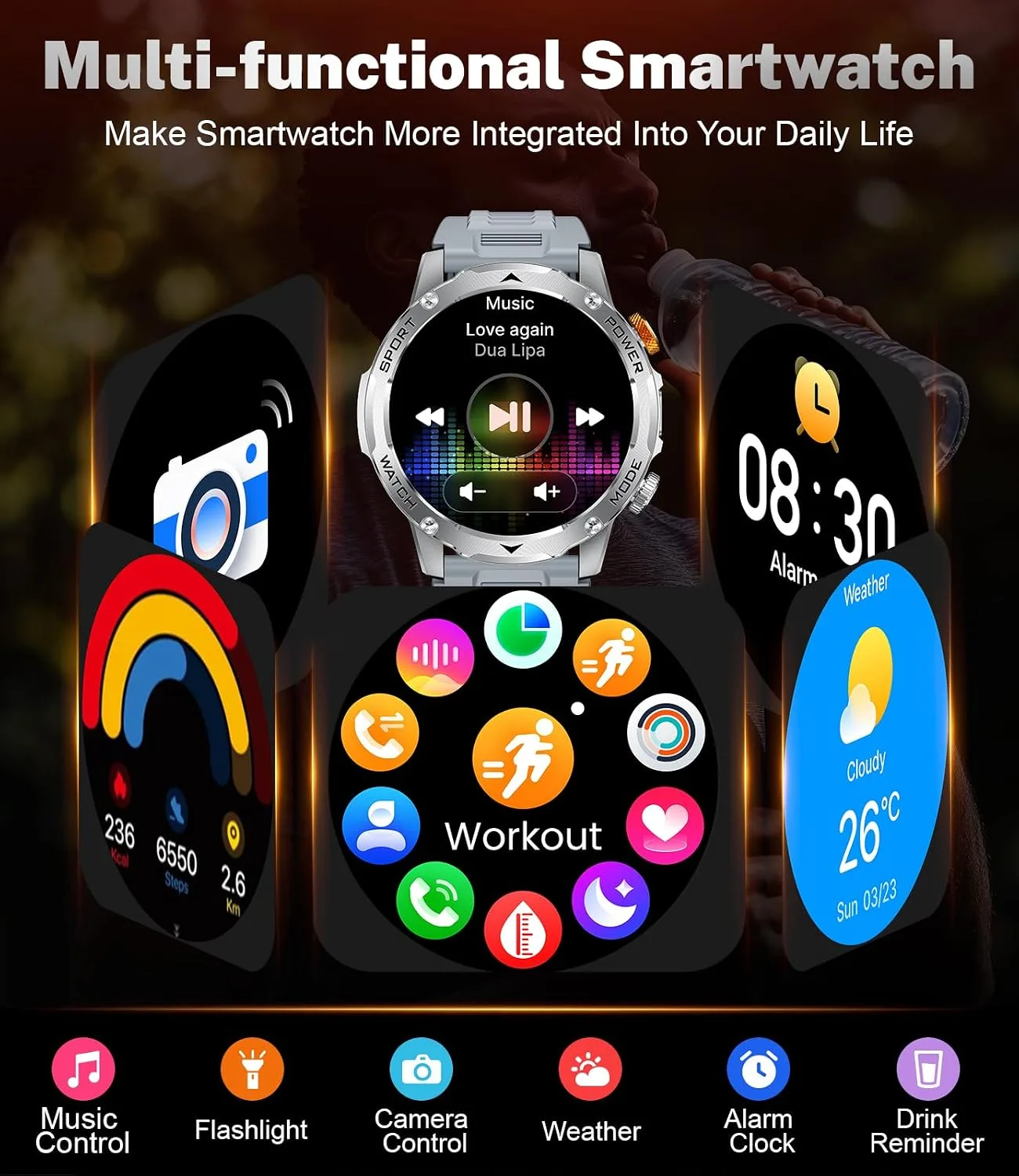 Smart Watch for Men with 1000mAh Battery/Flashlight, 1.75'' Military Smartwatch with 5ATM Waterproof/Heart Rate/Sleep Monitor,Answer Make Calls Fitness Tracker for Android iPhone Orange