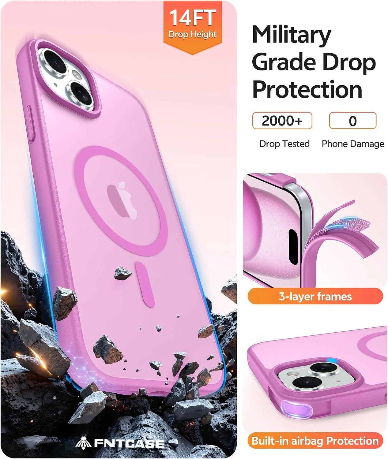 FNTCASE for iPhone 15/14/13 Case, Fit for Magsafe, Pink